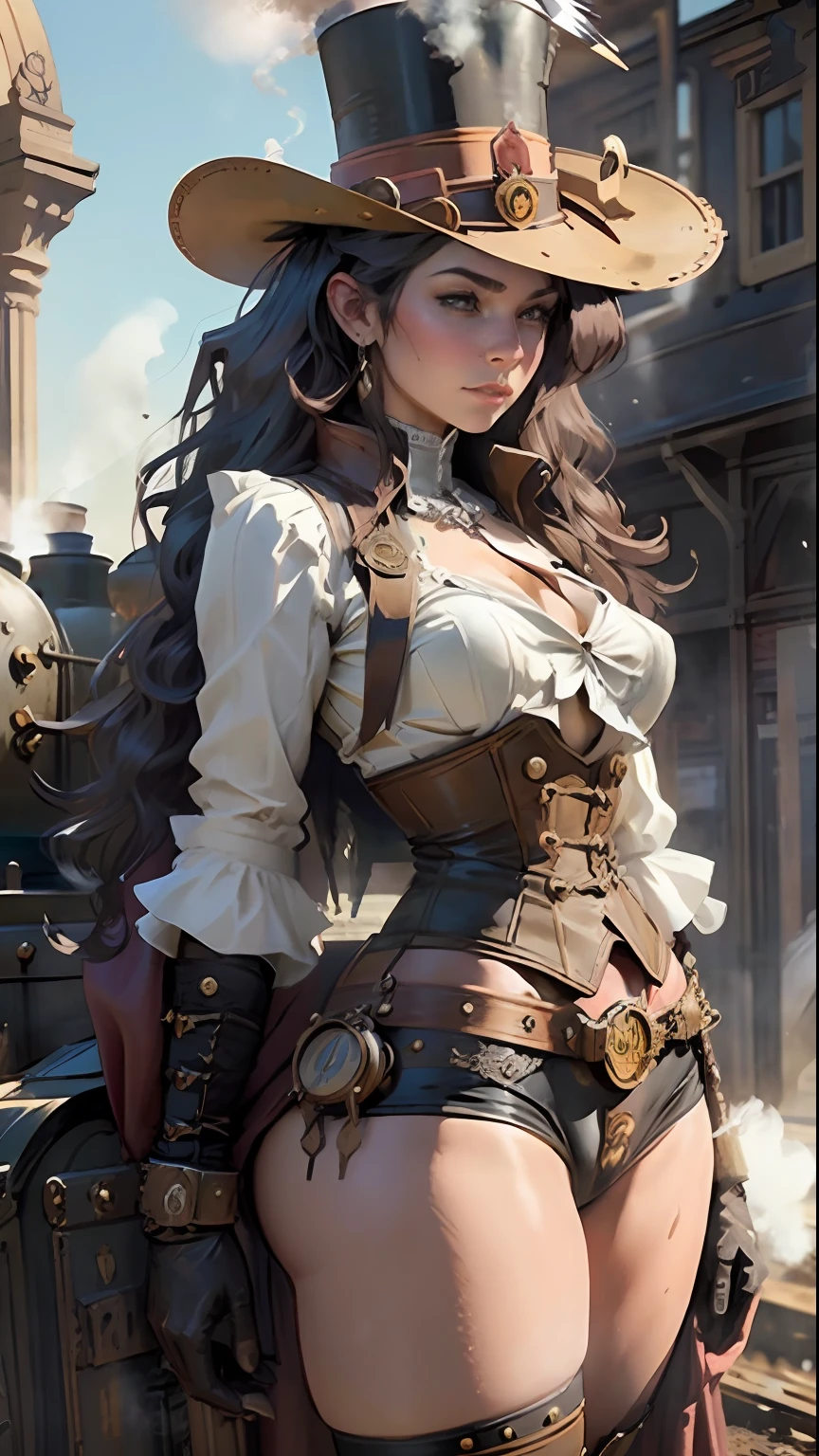 steampunk woman body defined thick thighs, slim and fit,  (extremely intricate steampunk top hat:1.1) short underwear, victorian age railway station in background, ((steam locomotive in background:1.3)), dramatic light, victorian age, steampunk style