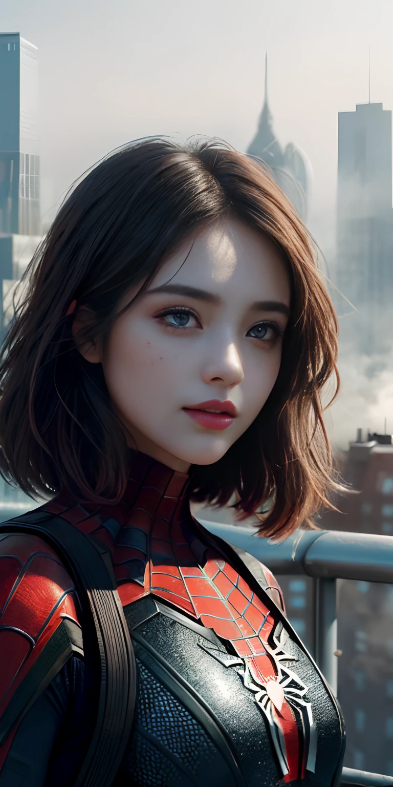 (1girl:1.3), Solo, (((Very detailed face)))), ((Very detailed eyes and face)))), Beautiful detail eyes, Body parts__, Official art, Unified 8k wallpaper, Super detailed, beautiful and beautiful, beautiful, masterpiece, best quality, original, masterpiece, super fine photo, best quality, super high resolution, realistic realism, sunlight, full body portrait, amazing beauty, dynamic pose, delicate face, vibrant eyes, (from the front), She wears Spider-Man suit, red and black color scheme, spider, very detailed city roof background, rooftop, overlooking the city, detailed face, detailed complex busy background, messy, gorgeous, milky white, highly detailed skin, realistic skin details, visible pores, clear focus, volumetric fog, 8k uhd, DSLR, high quality, film grain, fair skin, photo realism, lomography, futuristic dystopian megalopolis, translucent