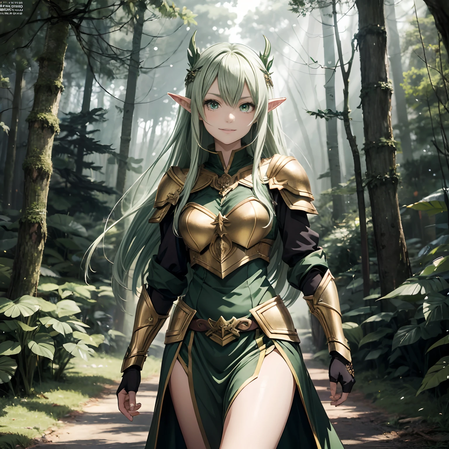 Anime style, Elven Girl, (Green eyes), walking around in a forest, Dark Forest, (armor on the shoulders), 8K, (masutepiece), High quality, High Definition, (((nice hand))),ssmile