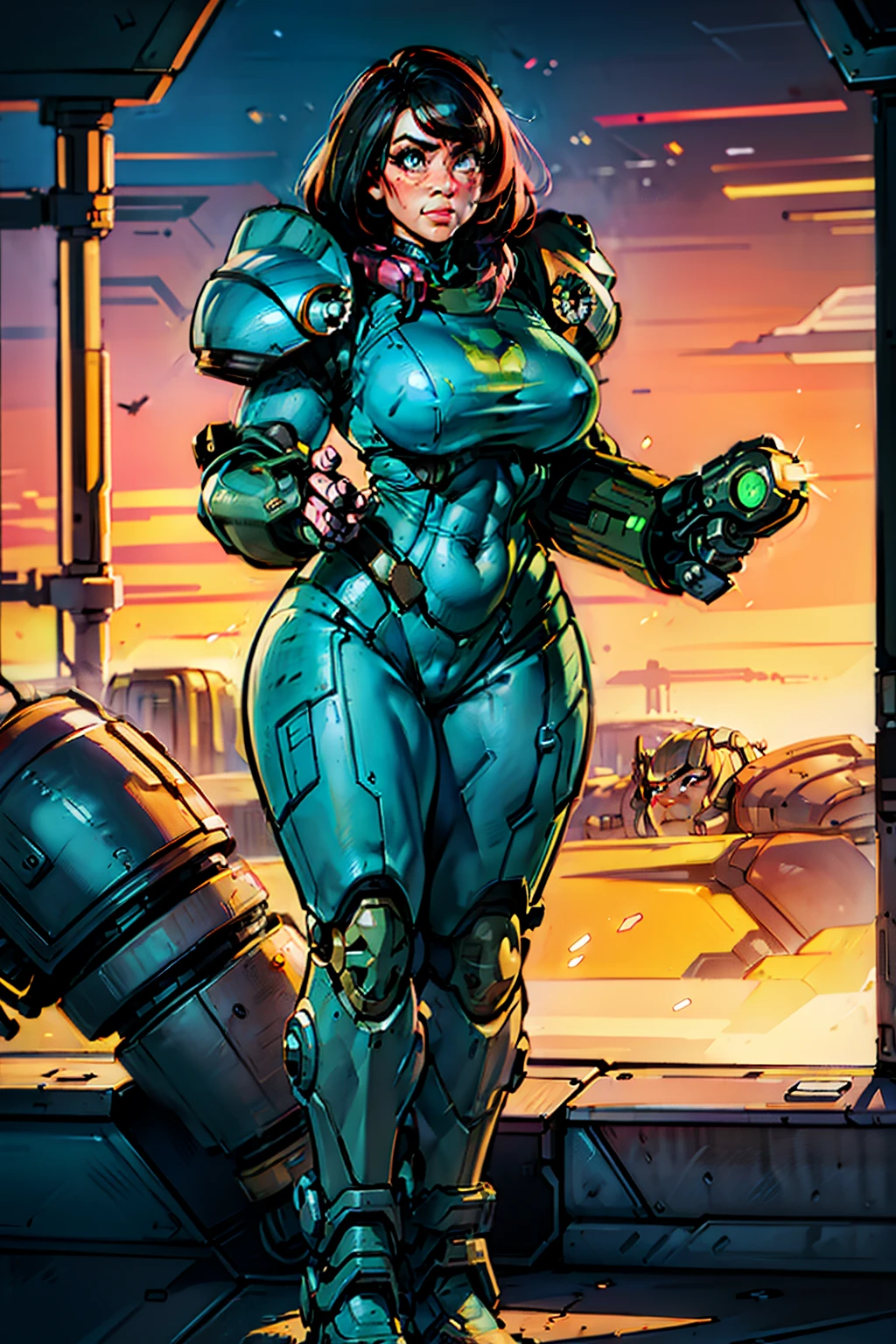 heroic woman wielding large pistol, handgun, pistol, gun, sexy, professional artwork, detailed eyes, beautiful eyes, beautiful face, flawless face, gorgeous face, smooth features, large breasts, blush, thick thighs, beautifully detailed background, chubby, thick, curvaceous, voluptuous, thick thighs, wide hips, belly, soft, full figure, big beautiful woman, pudgy, sci-fi, science fiction, future, neon lights, space ship interior, space ship, space, space visible through window, outer space, mechanical background, power armor, power suit, armored, armor, metroid dread, metroid, cyberpunk, cyborg, cyborg woman, cybernetics, cybernetic, robot, robotic arm, robotic leg, smiling, short hair, black hair with pink streak, blue and yellow armor