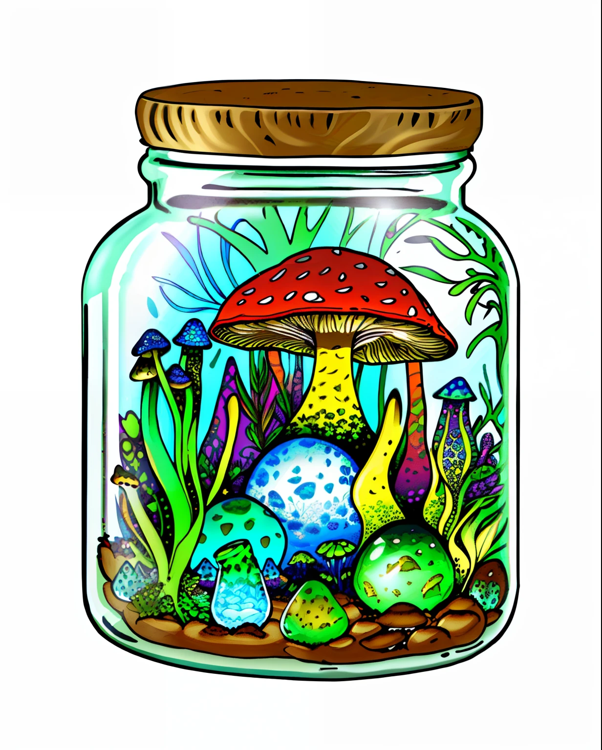 Close-up of a frog with mushrooms in the jar, graphic of enchanted terrarium, dreamscape in a jar, head in a jar, psychedelic frog, illustration, magic mushrooms, mycologist, hyperdetailed scp artifact jar, author:Gabriel Jurkić, detailed digital illustration, moonshine cybin, illustration », vignette illustration, magic mushrooms