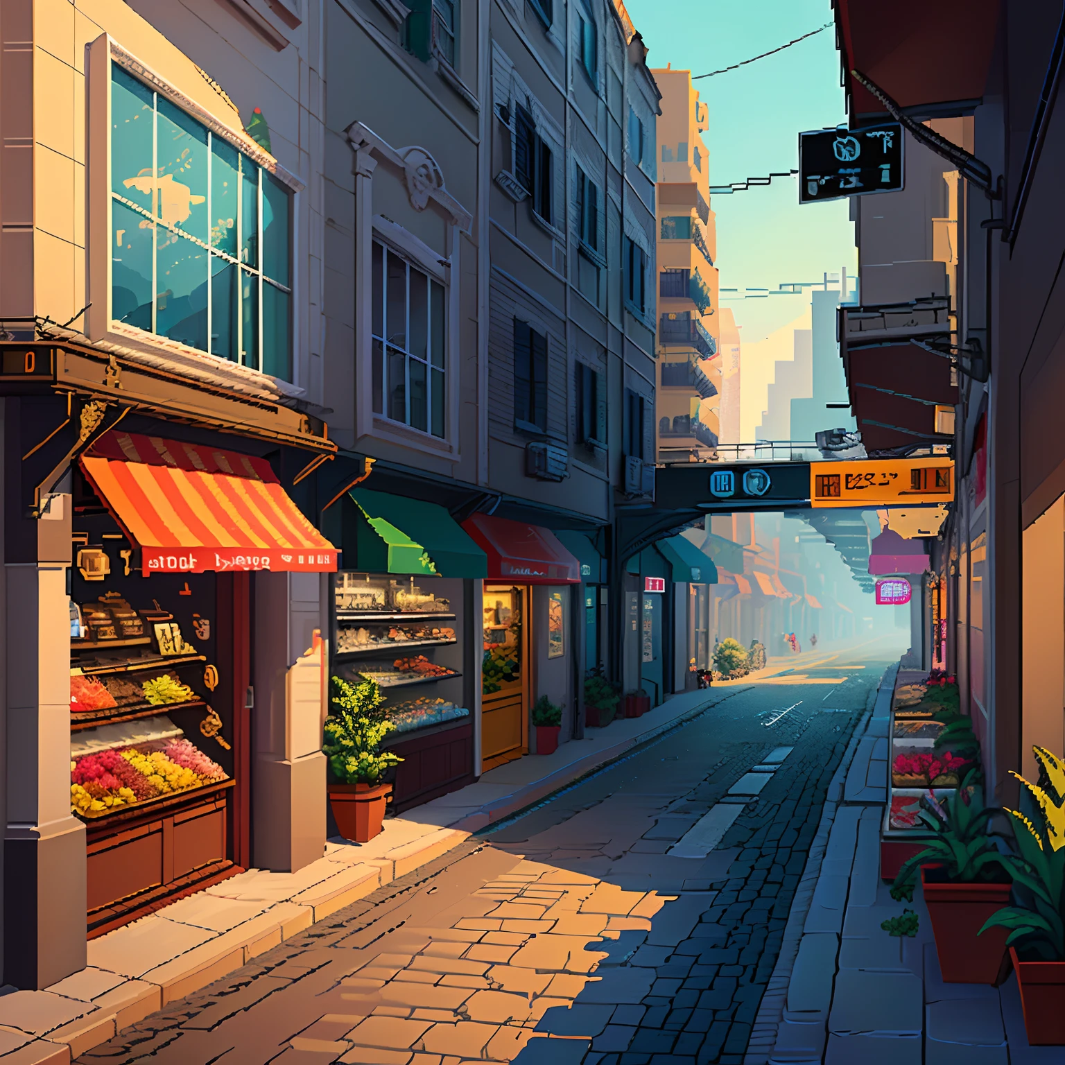 cyberpunk street, 2D, one side view, (pixel art), shops, roads and cars,