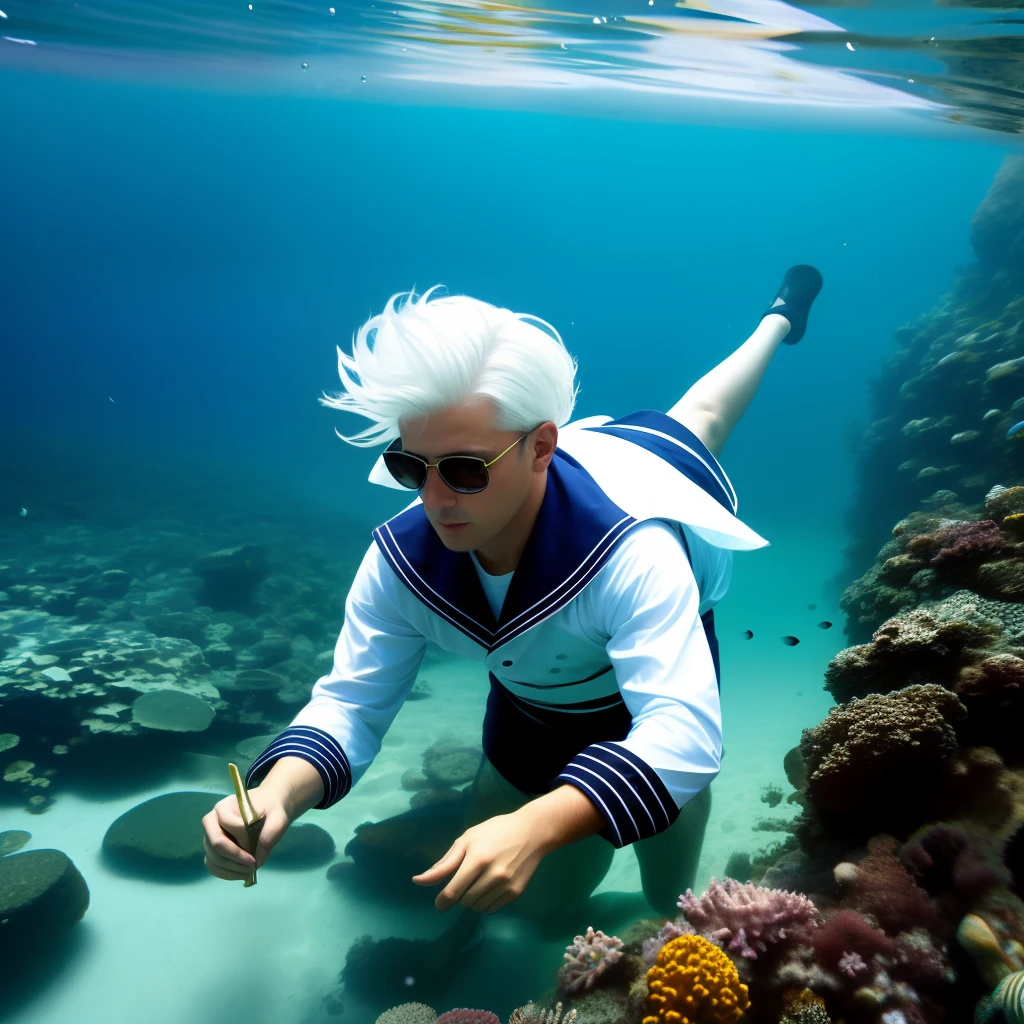 under the water，a sailor suit，White hair