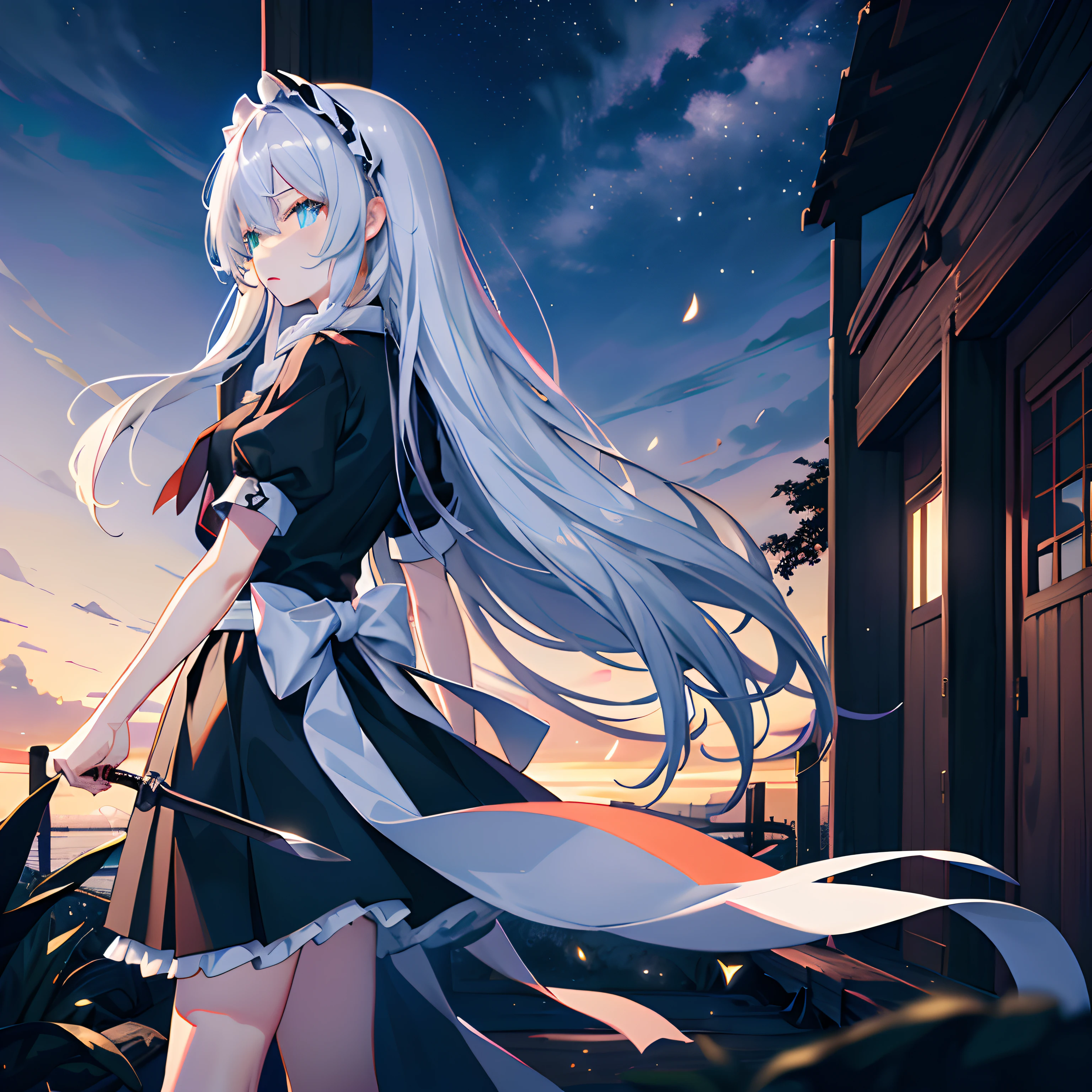 Anime girl with long white hair and black dress standing in front of the building, Anime art wallpaper 8 K, Anime art wallpaper 4 K, Anime art wallpaper 4k, style of anime4 K, nightcore, 4K anime wallpaper, Anime wallpaper 4 k, Anime wallpaper 4K, Best anime 4k konachan wallpaper, high detailed official artwork