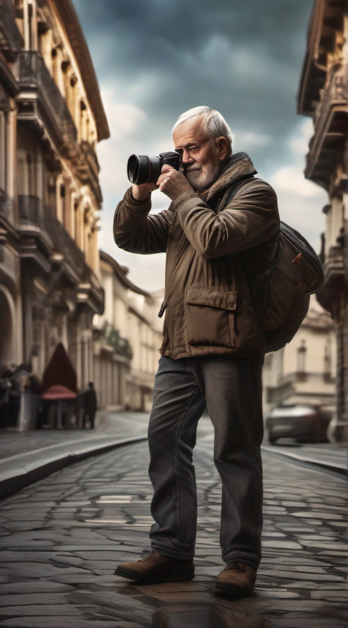 full figure of an older photographer taking a picture, highly detailed photography style,intricated details, cinematic lighting, contrast lighting, dslr, insanely intricate details, amazing fine detail, hyper detailed, sharp focus, ultra high res