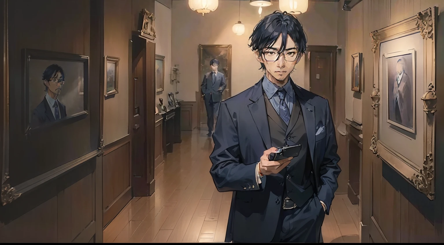 (Dressed in a dark blue suit５０Year old handsome asian man、wears glasses、Generate images of people staring at the camera with serious expressions。Stand in a small art gallery、Exudes a mysterious aura。)