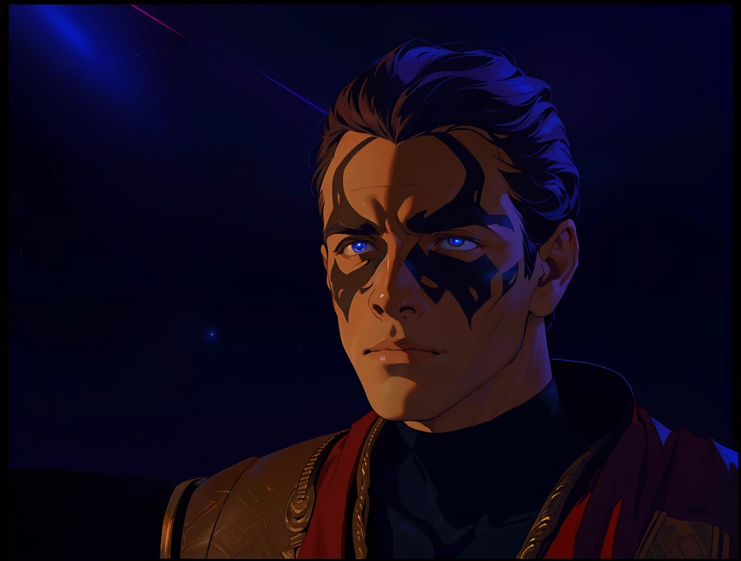 a close up of a man with a black face and a red jacket and glowing blue eyes, in the movie lifeforce (1985), paul atreides as emperor of dune, movie screencap, vhs screencap, movie screen shot, in the movie dune, in a scifi movie, still from star trek, film still from star trek, movie screenshot, farscape