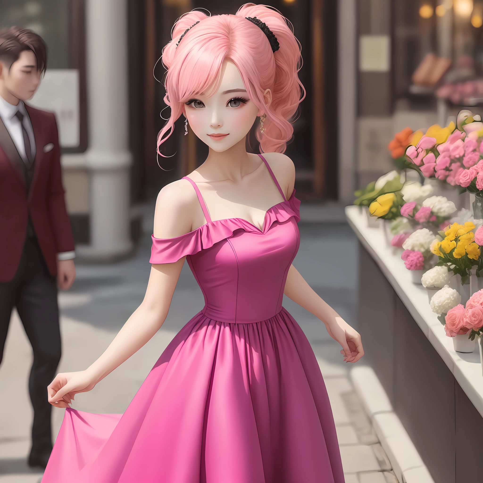 pinkdress,Beautiful girl with double ponytail,cropped shoulders,Gentility,There are pink hair cards