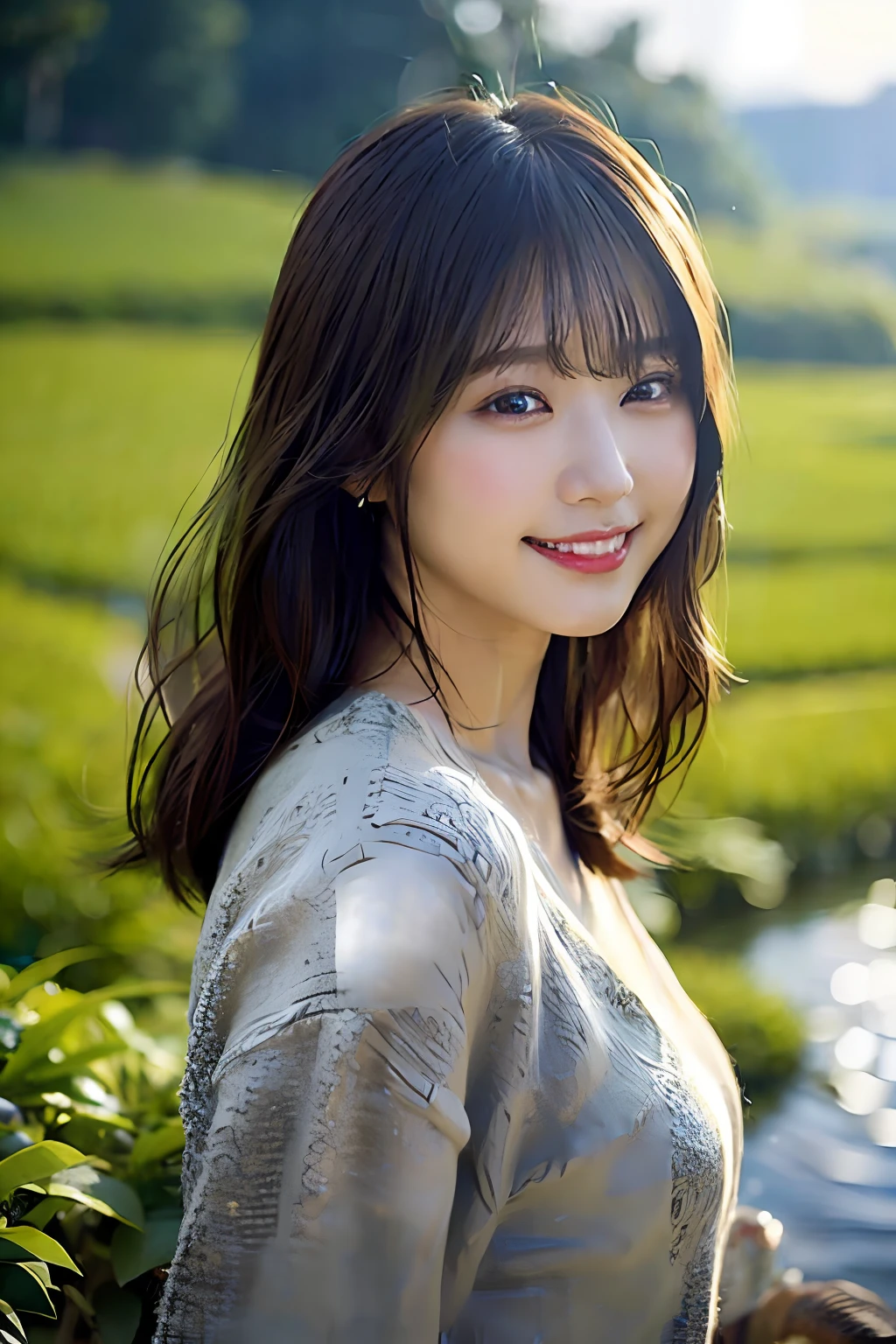 (8K、Raw photography、top-quality、masterpiece:1.2)、(realisitic、Photorealsitic:1.37)、ultra-detailliert、超A high resolution、1人、see the beholder、beautifull detailed face、A smile、Constriction、(Slim waist) :1.3)、White dress、Beautiful detailed skin、Skin Texture、floated hair、profetional lighting、Landscape of rice fields、highres photograph、raw、camera Sony a7C、FE 35mm f1 key.4 GM、Focal length 35 mm、Shutter Speed 1/50、Aperture F1.4、.ISO 100