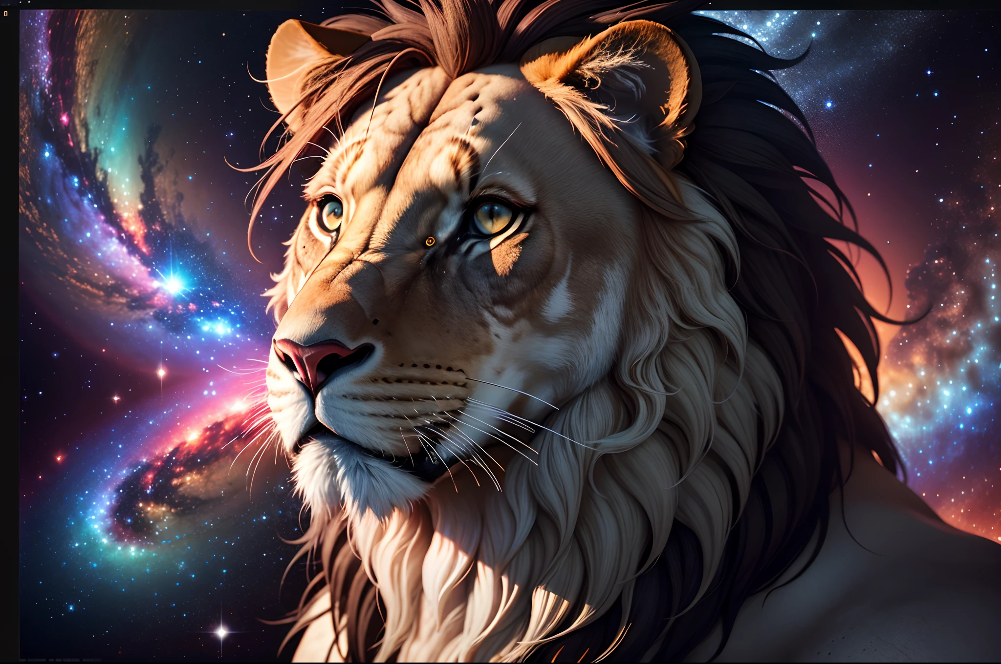 a photograph Galaxies, spirals, space, nebulae, stars, smoke, iridescent, intricate detail, in the shape of a lion, octane rendering, 8k hyper realistic, realistic texture, unreal natural lighting engine, cinestill 800, (35mm lens)