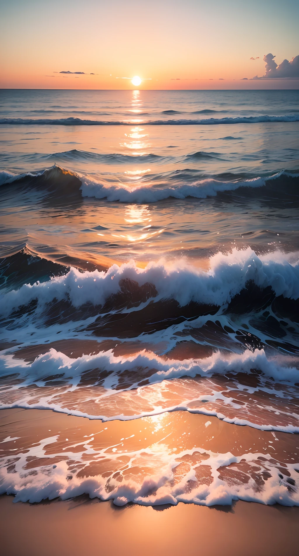 Absolutely mesmerizing sunset on the beach，The sky is mixed with orange、Pink and yellow。The sea is crystal clear，Kissing the shore tenderly，The white sand stretches as far as the eye can see。The scene is full of movement，breath-taking，Seagulls soar high in the sky，Palm trees sway gently。Soak up the calm atmosphere，Let tranquility envelop you,The moon rises --auto