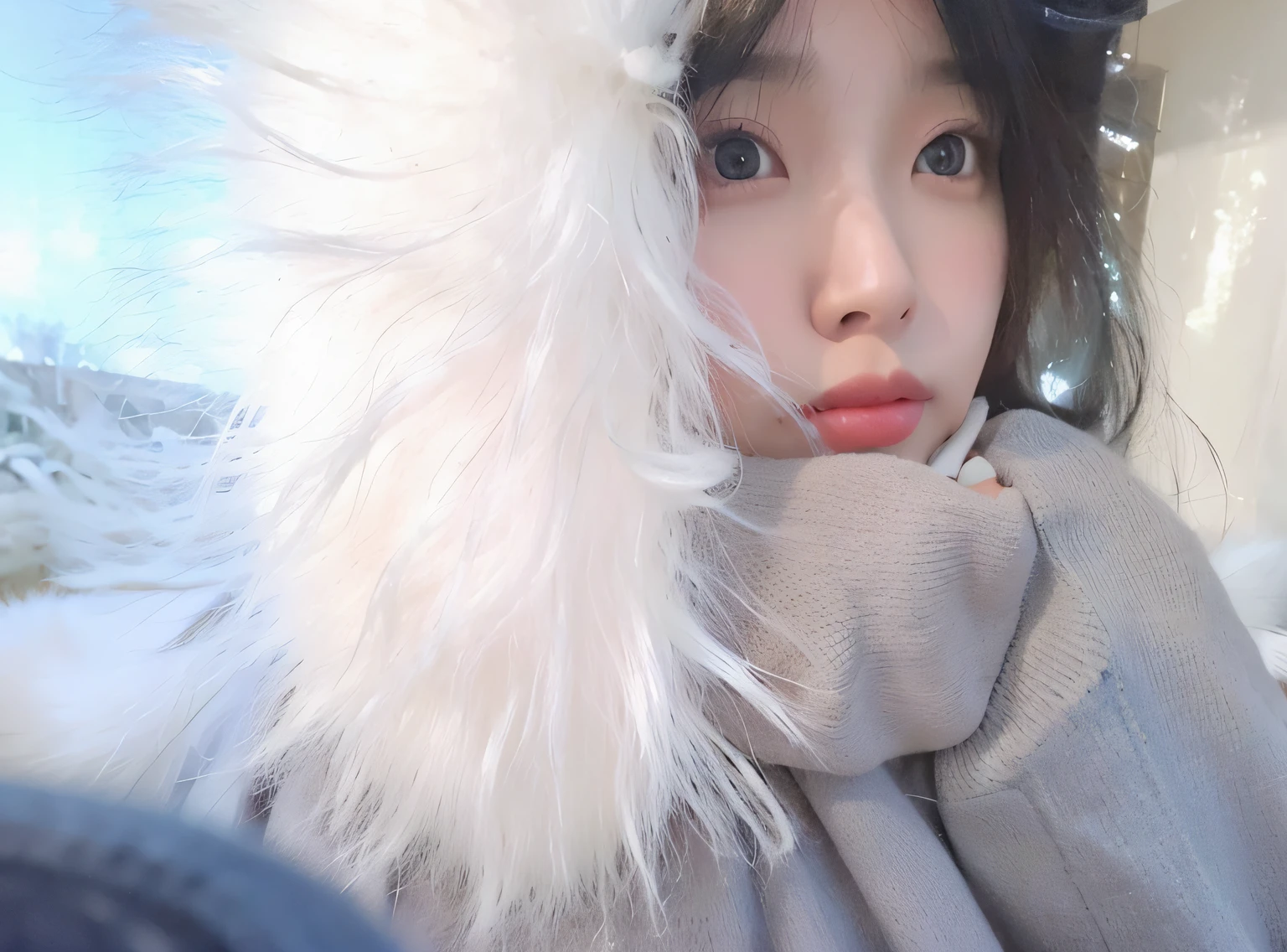There was a woman in a fur coat and gloves, wan adorable korean face, with white fluffy fur, young cute wan asian face, pale snow-white skin, young wan angel, shaxi, xintong chen, ulzzangs, Cold but beautiful, wenfei ye, inspired by Ma Yuanyu, Cold, Shin Jinying, icey, young lovely Korean faces