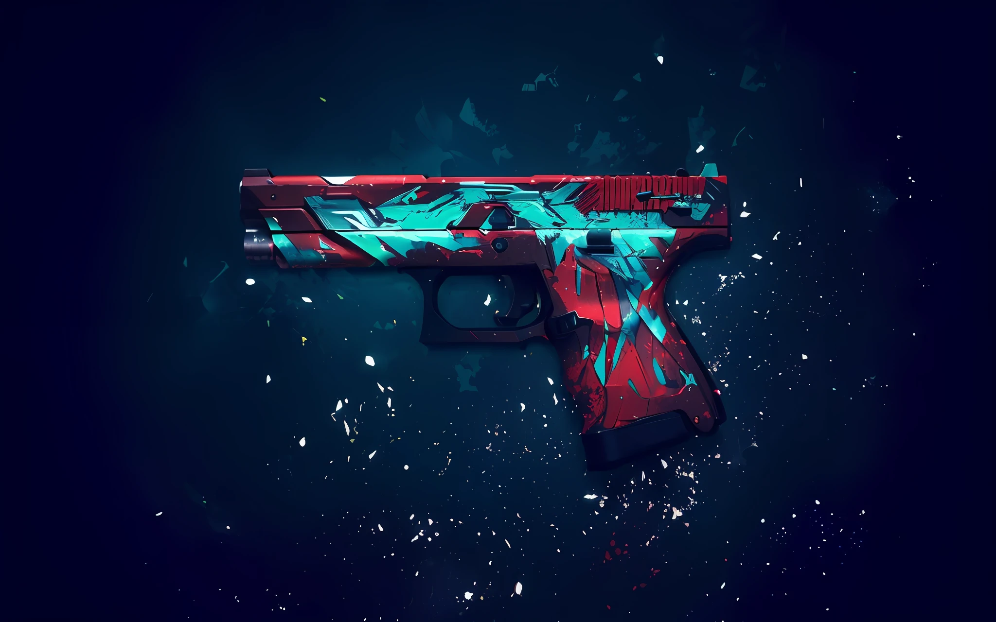 There is a gun painted red and blue on a black background, pistola surreal bonita, Pistola de airsoft colorida, papel de parede 4k, papel de parede 4K, arma realista, Splatter, trabalho de pintura realista, 4 K HD Wallpaper C 1 7, design realista da arma, Hand Painted Style, epic art style, arte digital altamente detalhada, arma, Resumo de alta qualidade, arte digital altamente detalhada