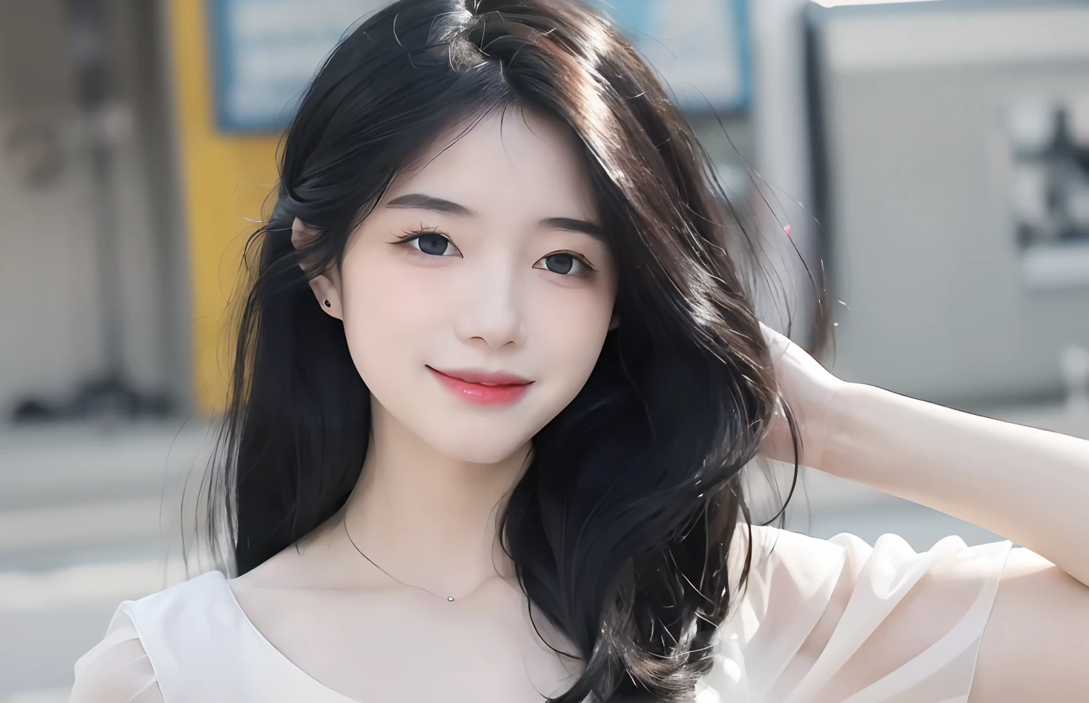 1girl, beautiful retro colors, ((puffy eyes)), full body (8k, RAW photo, best quality, masterpiece: 1.2), (realistic, photorealistic: 1.37), (sharp focus: 1.2 (pale skin: 1.2), , (big breasts dewy), , photography, (black hair :) , portrait, purple eyes, , inside the studio, (best quality: 1.4), (shut up smile: 1.4), , shyness, : 1.3), white dress leaking chest leaky collarbone: full body photo