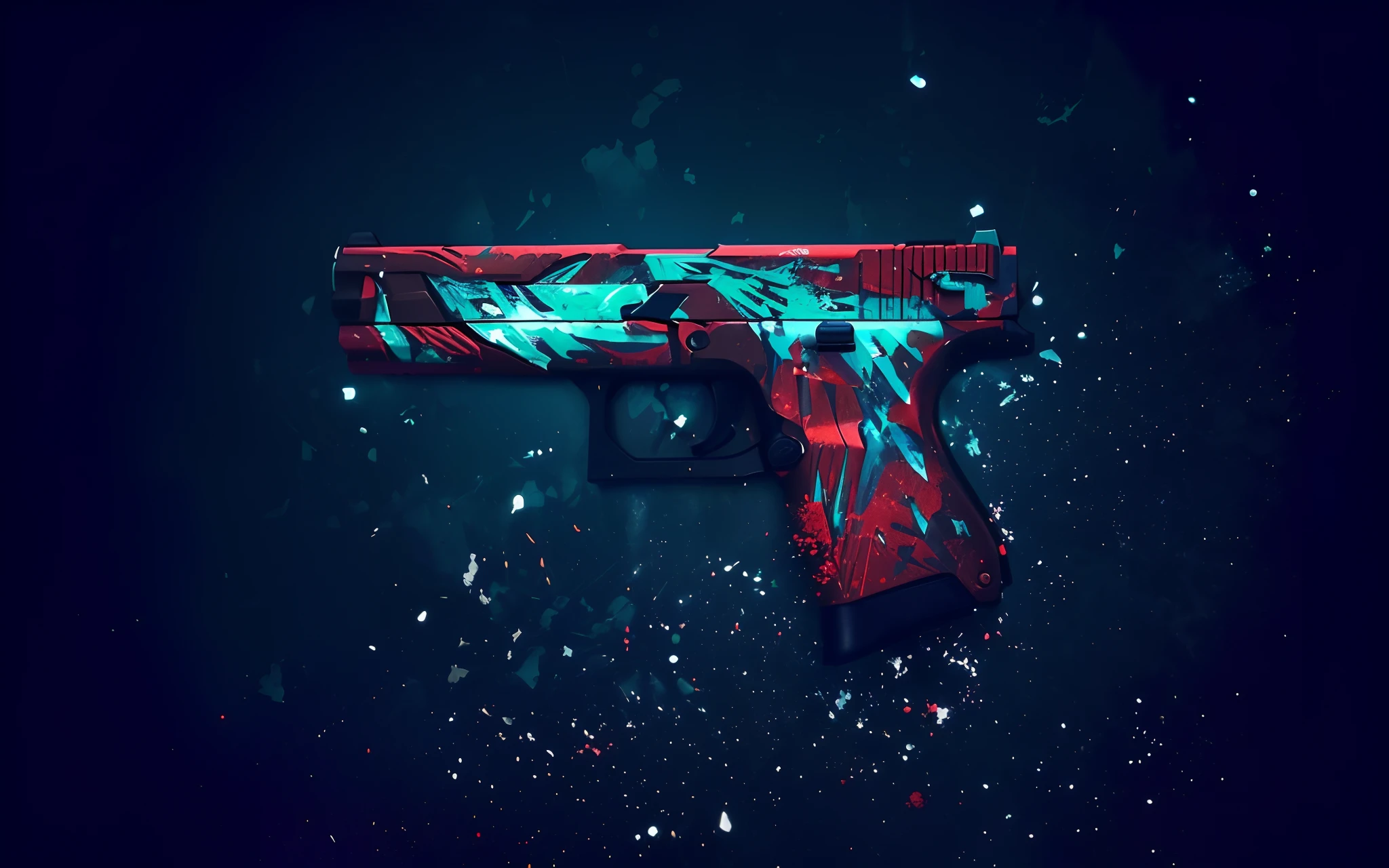 There is a gun painted red and blue on a black background, pistola surreal bonita, Pistola de airsoft colorida, papel de parede 4k, papel de parede 4K, arma realista, Splatter, trabalho de pintura realista, 4 K HD Wallpaper C 1 7, design realista da arma, Hand Painted Style, epic art style, arte digital altamente detalhada, arma, Resumo de alta qualidade, arte digital altamente detalhada