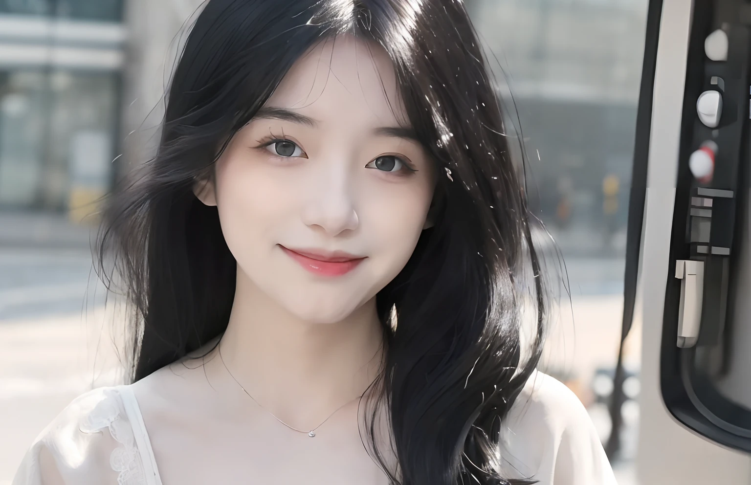 1girl, beautiful retro colors, ((puffy eyes)), full body (8k, RAW photo, best quality, masterpiece: 1.2), (realistic, photorealistic: 1.37), (sharp focus: 1.2 (pale skin: 1.2), , (big breasts dewy), , photography, (black hair :) , portrait, purple eyes, , inside the studio, (best quality: 1.4), (shut up smile: 1.4), , shyness, : 1.3), white dress leaking chest leaky collarbone: full body photo