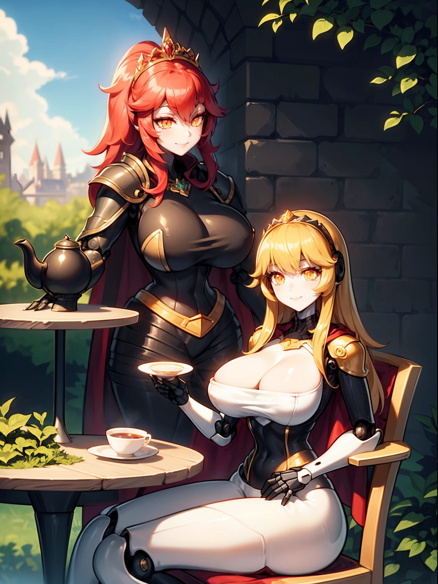masterpiece, best quality,1girl,solo, robot girl, humanoid robot,robot joints, orange eyes,long hair, (colored skin),huge breasts,tiara, jewelry, armored dress,gold trim, sleeveles,cape,castle in background, (outdoors),garden,sitting, on chair,tea cup on table, armrest, (across table), light smile