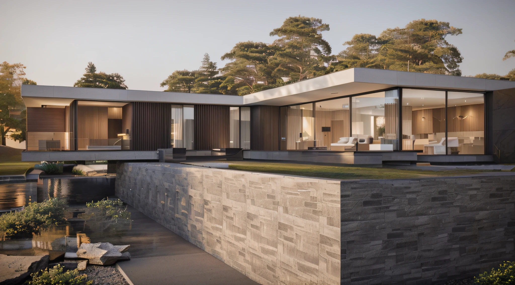 Beautiful casa Moderna, a rendering of a modern villa with big glass windows, very realistic 3d render, 3 d vray render , red concrete, facade elevation view, professional render, high quality render, Red plaster PRB texture, red marble PRB 16k textured, asphalt old road, interlock tile walkway, rec marble , Ray tracing, reflecting on glass,(translucent white glass),contemporary minimalist style