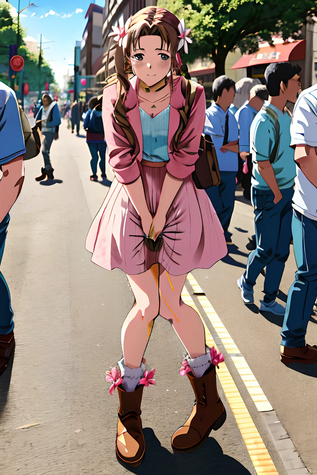 Anime characters walking down the street in pink and blue dresses, the anime girl is crouching, author：Kentaro Miura, author：Middle Bokuhn, giantess art, author：Kaneokase Kane, author：Narashige Koide, tokyo anime anime scene, beautiful anime girl crouching, Surrealism female students, author：Akira Toriyama