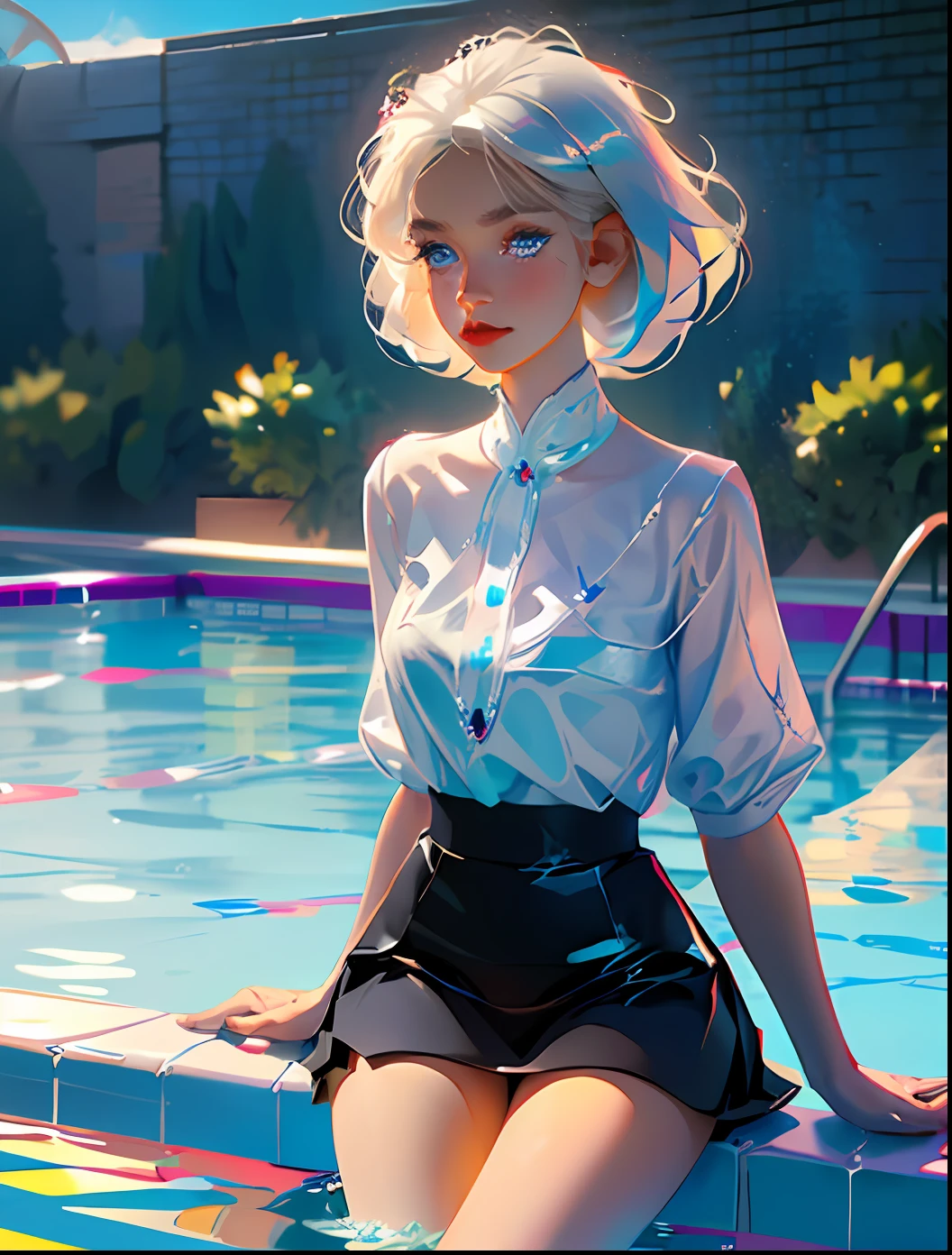 (white hair:1.3+silver hair:1.2), (short skirt: 1.1+white stockings: 1.1), (cute:1.2 + pure:1.1 + innocent:1.1), (blue eyes:1.2), (water pool:1.2)