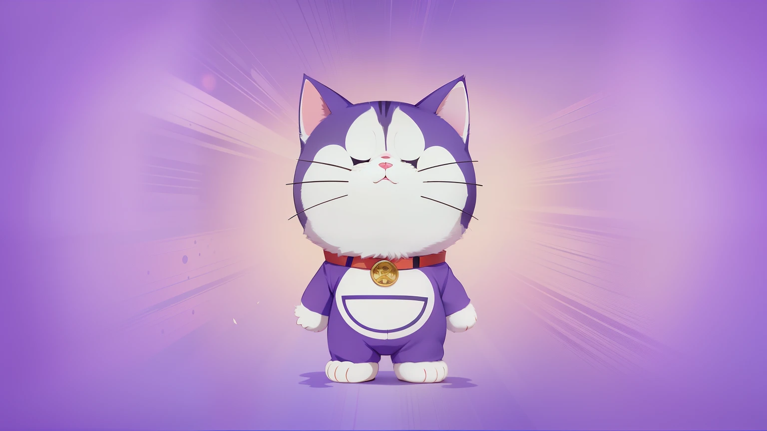 A cute anime cat character,Wearing a kimono,Wear a collar and a collar around your neck,It has the style of Doraemon,Has purple clothes,The image of kawaii,A cat like Sora,Toei anime screenshot character from the void,And it has the characteristics of Thousand Light Mountain。