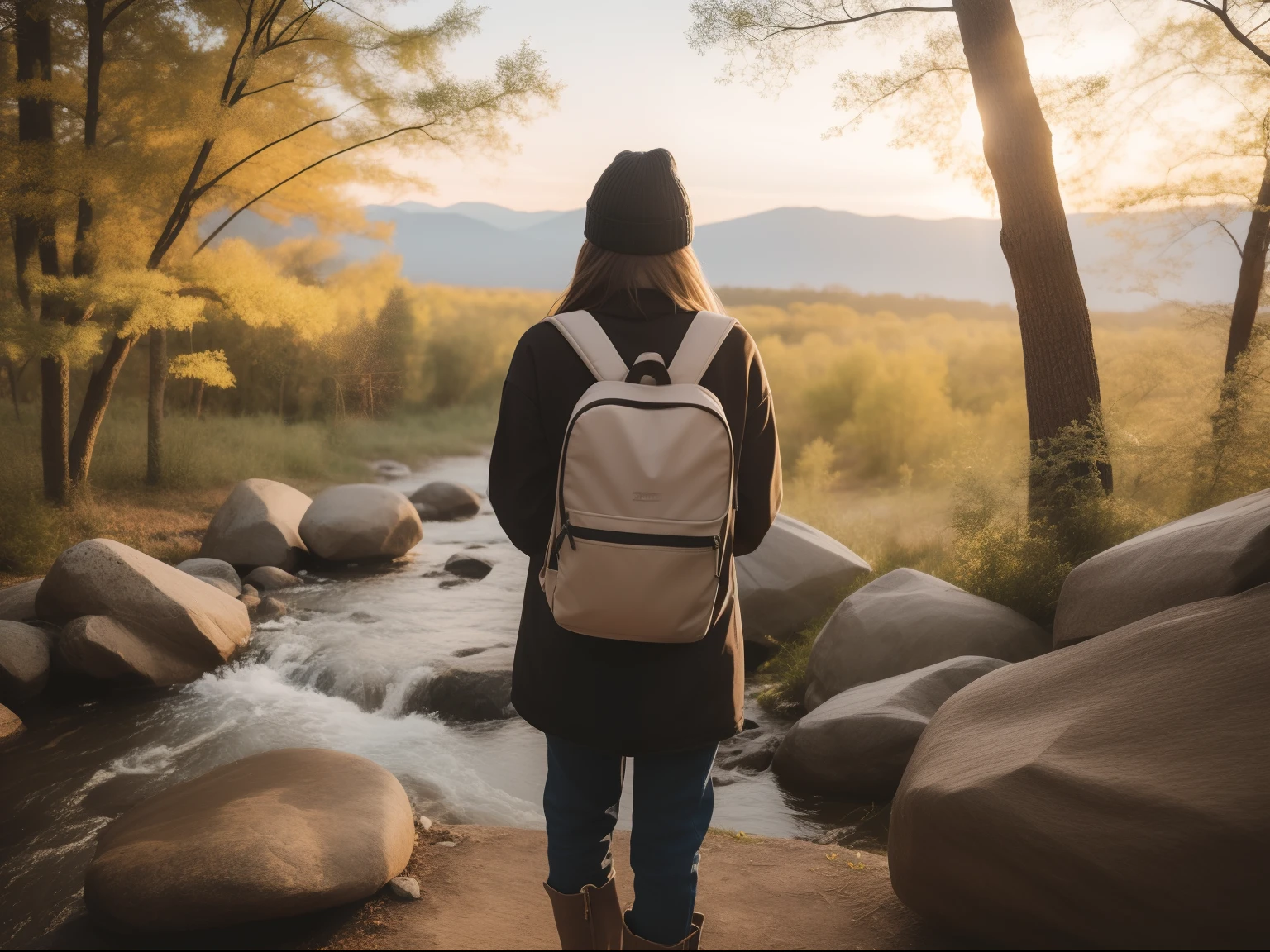 1人の女性((posterior view、Happiness))、masterpiece、top-quality、ultra-detailliert、独奏、plein air、(natta)、mont、naturey、(stele、a moon)Happy、Happy、rucksack、sleeping bag、Camping stove、water bottle、Mountain boots、gloves、Sweaters、Hats、flash lights、the woods、boulders、a river、The tree、fumo、shadowy、Contrasty、A clear sky、analog style(Look at the viewer:1.2) (Skin Texture)(film grains:1.3)、(Warm shades、Warm tones):1.2)、 a closeup、ciinematic light、side lights、超A high resolution、Best Shadow、raw、The upper part of the body、Pullover wear