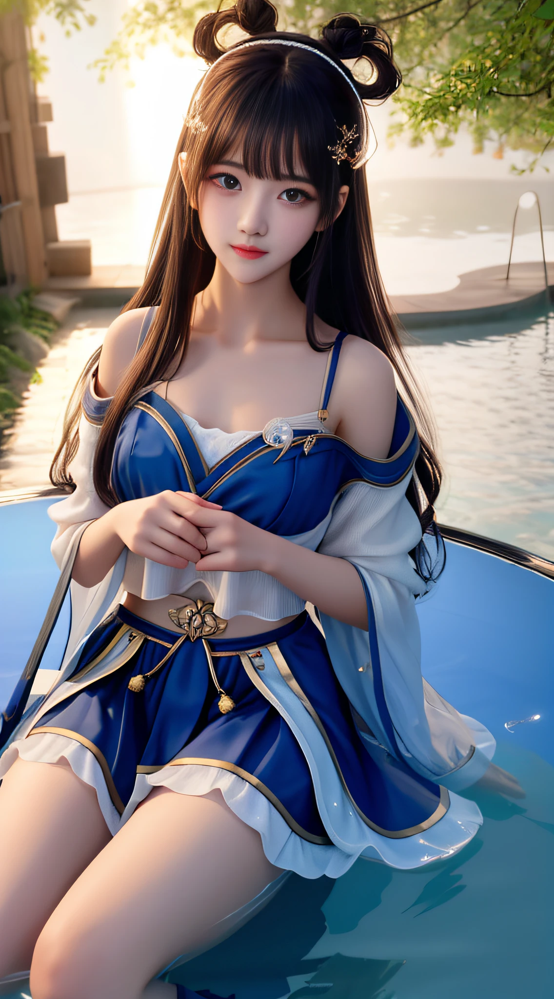 high high quality,high qulity,8K,4K,The characters are delicate,Half-body diagram,超高分辨率,hot girls,femele,heart-shaped hair ornament,beautiful pupil,eventide,water play,Water surface ripples,Tyndall Light,The scene is soft,thin shoulder strap,oases,long whitr hair,pupils,Petite and cute,Crop topping