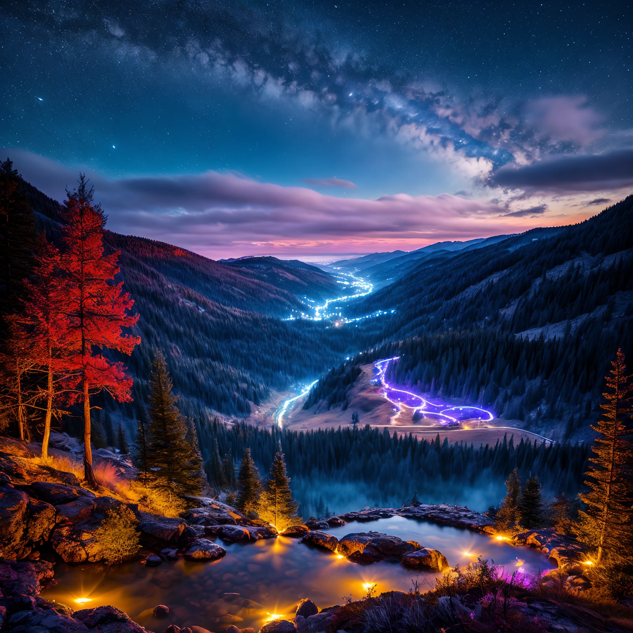 best quality, masterpiece, beautiful wild and natural fantasy landscape with glowing lights