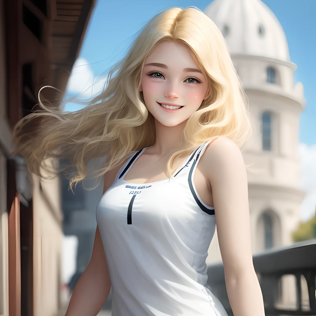blond hairbl，blonde eyes，White-skinned woman，downy，ssmile，16 yaers old
