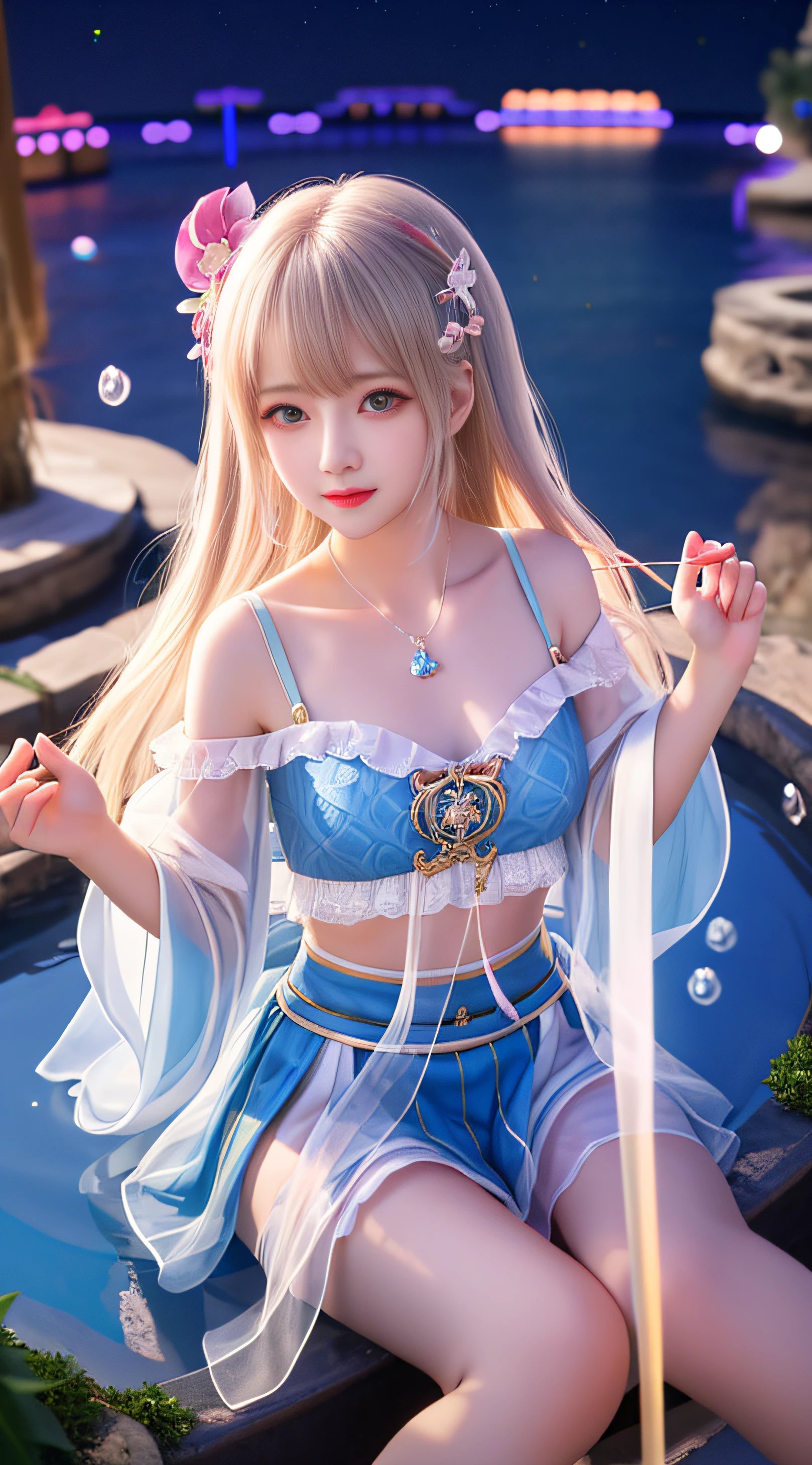 high high quality，high qulity，8K，4K，The characters are delicate，Half-body diagram，超高分辨率，hot girls，femele，heart-shaped hair ornament，beautiful pupil，eventide，water play，Water surface ripples，Tyndall Light，The scene is soft，thin shoulder strap，oases，long whitr hair，pupils，Petite and cute，Crop topping