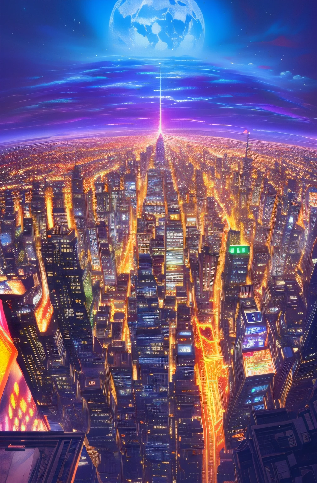 Futuristic cities The Earth looks small and in the sky like a planet kosmos Half a street from Times Square, Cyberpunk, Realistic, a dark night