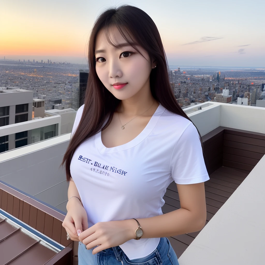 ((Midnight, Best quality, 8k, Masterpiece :1.3)), Whole body, Long legs, Sharp focus :1.2, A pretty woman with perfect figure :1.4, Slender abs :1.1, ((Dark brown hair, Big breasts :1.2)), (White tight tshirt, Jean bib, Standing:1.2), ((Night city view, Rooftop:1.3)), Highly detailed face and skin texture, Detailed eyes, Double eyelid