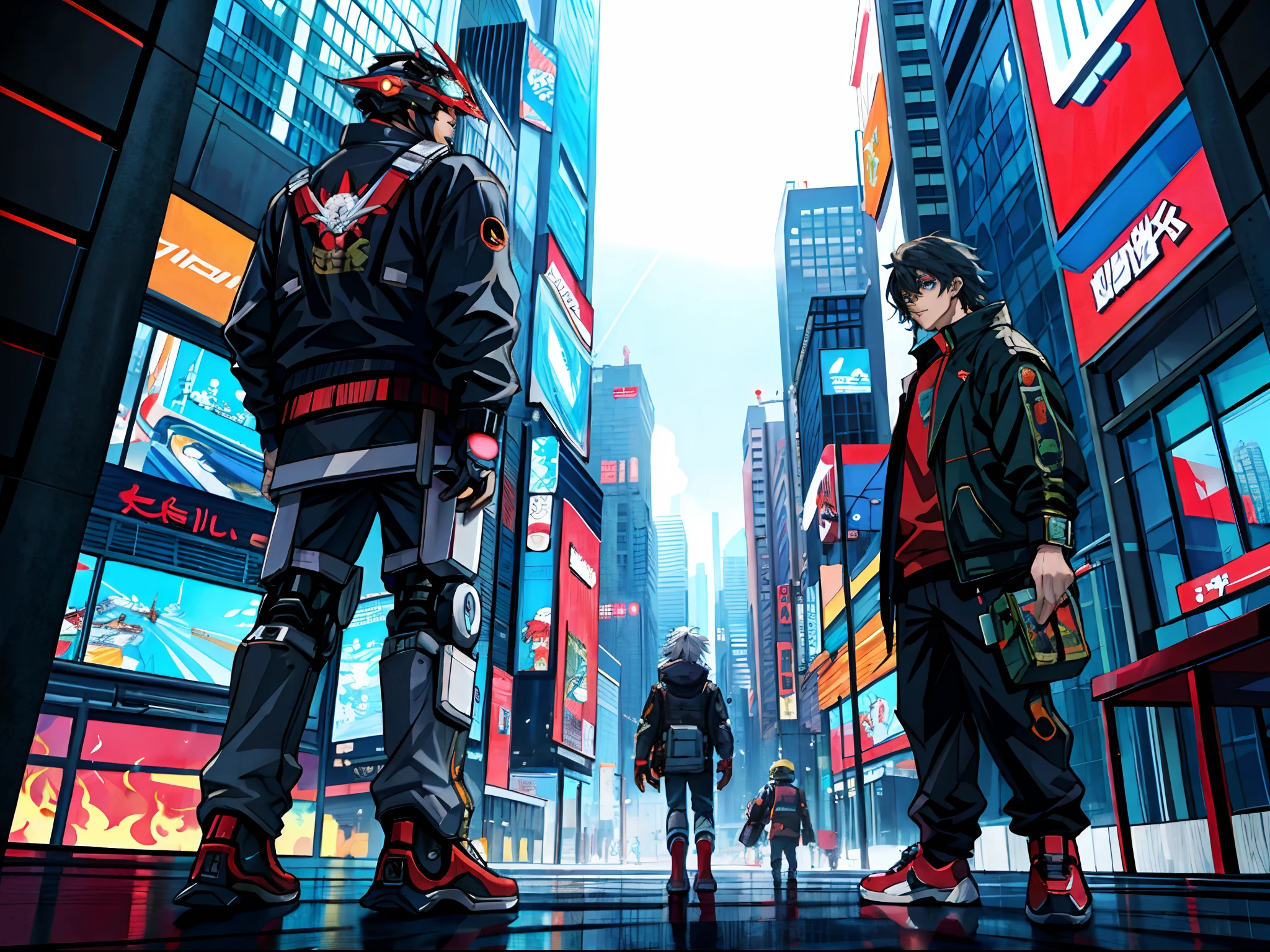 masterpiece anime cyberpunk cityscape with robots and flying cars