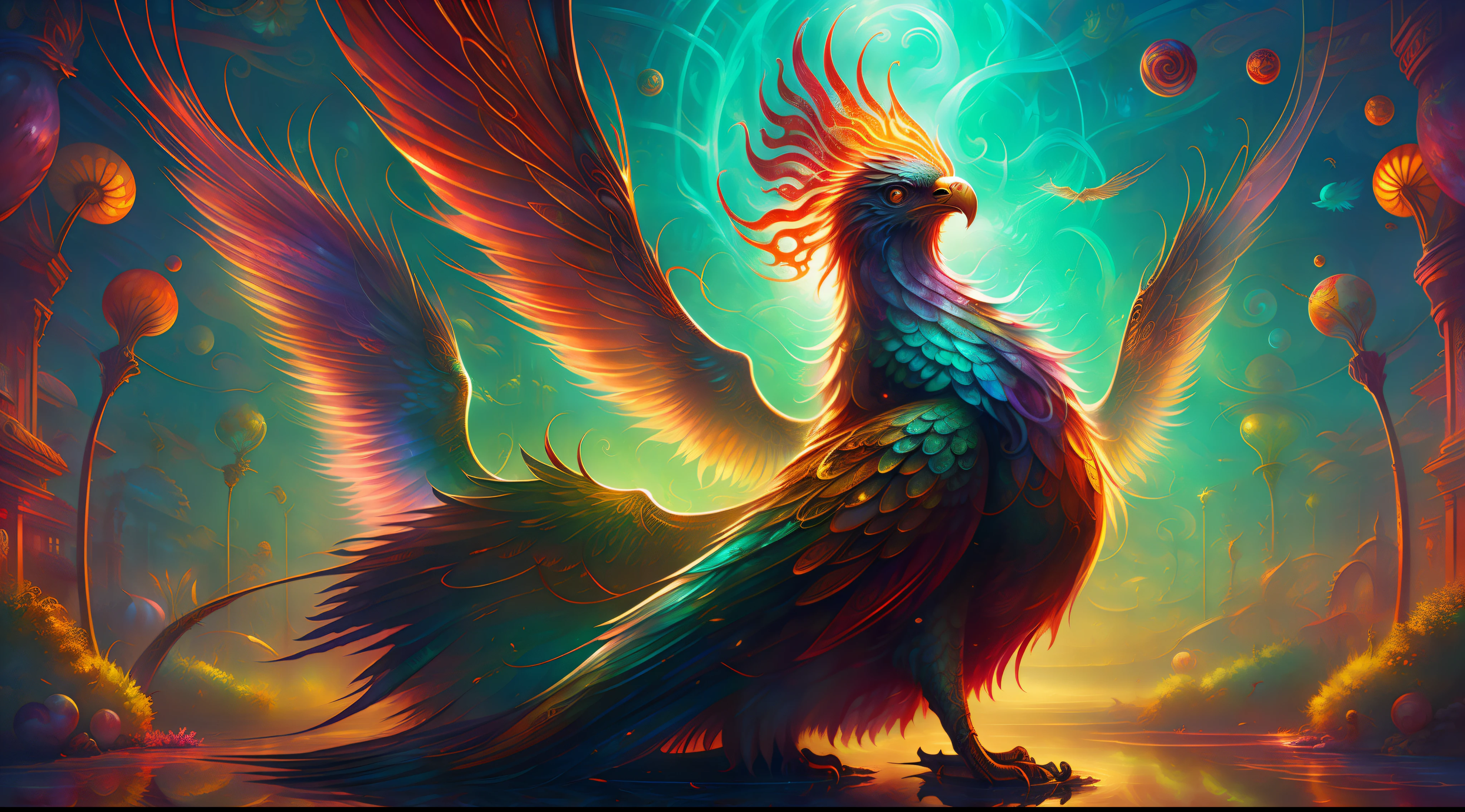 Best quality, masterpiece, super high resolution, no human, an adult orange-red phoenix resting in a futuristic cyberpunk garden, enchanting, high detail, eagle face, (wings on fire), (red wings) long tail, masterpiece (realistic texture: 1.2), (realistic details: 1.2), (realistic details: 1.2), ([front | side] :1.1), HDR, ultra-refined 3D modeling, as magical as the style paintings painted by Tim Burton, Dale Chihuly, Xiaolongcheng, Cyril Rolando and other authors such as Jr. Gigue. Shadows and lighting intertwine to create brilliant effects.