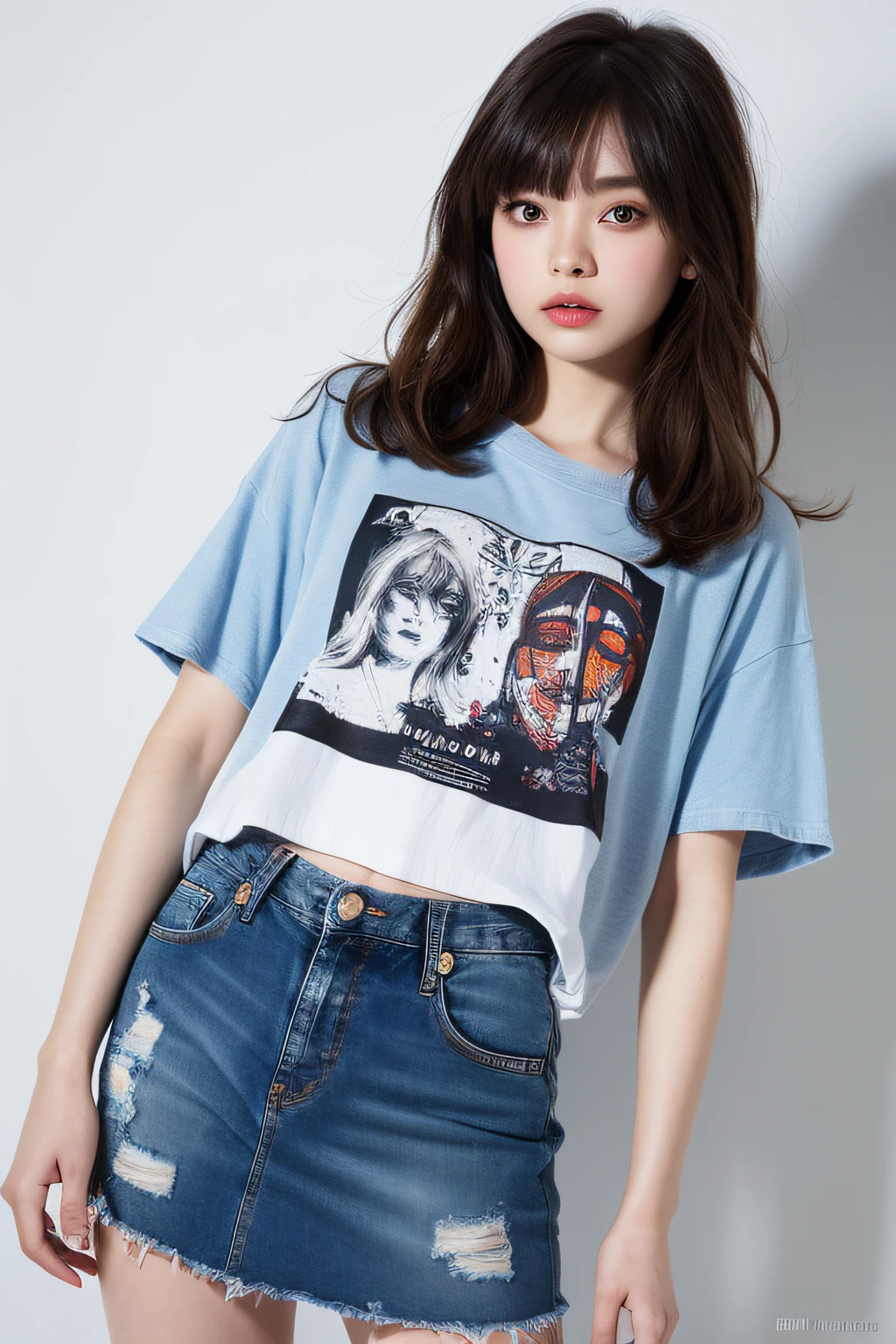 young and beautiful girl，ultra - detailed，offcial art，Unity 8k壁纸，（FashionMagCover：1.3），
Broken denim mini skirt，Art T-shirt