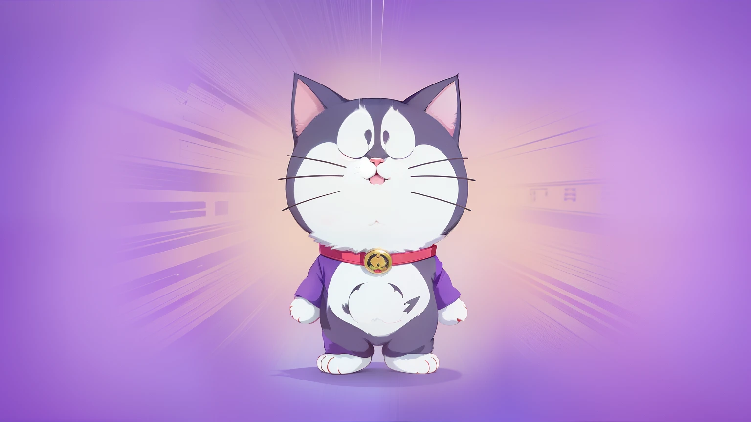 A cute anime cat character，Wearing a kimono，Wear a collar and a collar around your neck，It has the style of Doraemon，Has purple clothes，The image of kawaii，A cat like Sora，Toei anime screenshot character from the void，And it has the characteristics of Thousand Light Mountain。