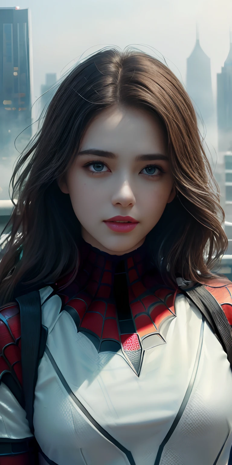 (1girl:1.3), Solo, (((Very detailed face)))), ((Very detailed eyes and face)))), Beautiful detail eyes, Body parts__, Official art, Unified 8k wallpaper, Super detailed, beautiful and beautiful, beautiful, masterpiece, best quality, original, masterpiece, super fine photo, best quality, super high resolution, realistic realism, sunlight, full body portrait, amazing beauty, dynamic pose, delicate face, vibrant eyes, (from the front), She wears Spider-Man suit, red and black color scheme, spider, very detailed city roof background, rooftop, overlooking the city, detailed face, detailed complex busy background, messy, gorgeous, milky white, highly detailed skin, realistic skin details, visible pores, clear focus, volumetric fog, 8k uhd, DSLR, high quality, film grain, fair skin, photo realism, lomography, futuristic dystopian megalopolis, translucent