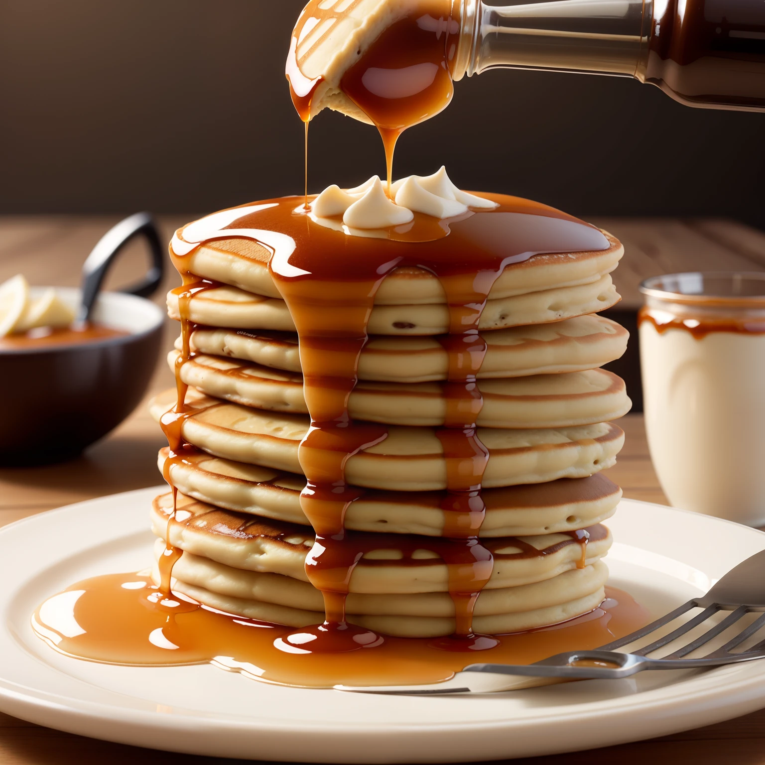 masterpiece, high quality, best quality, pancakes poured with maple syrup, (thin pancakes), foodphoto,