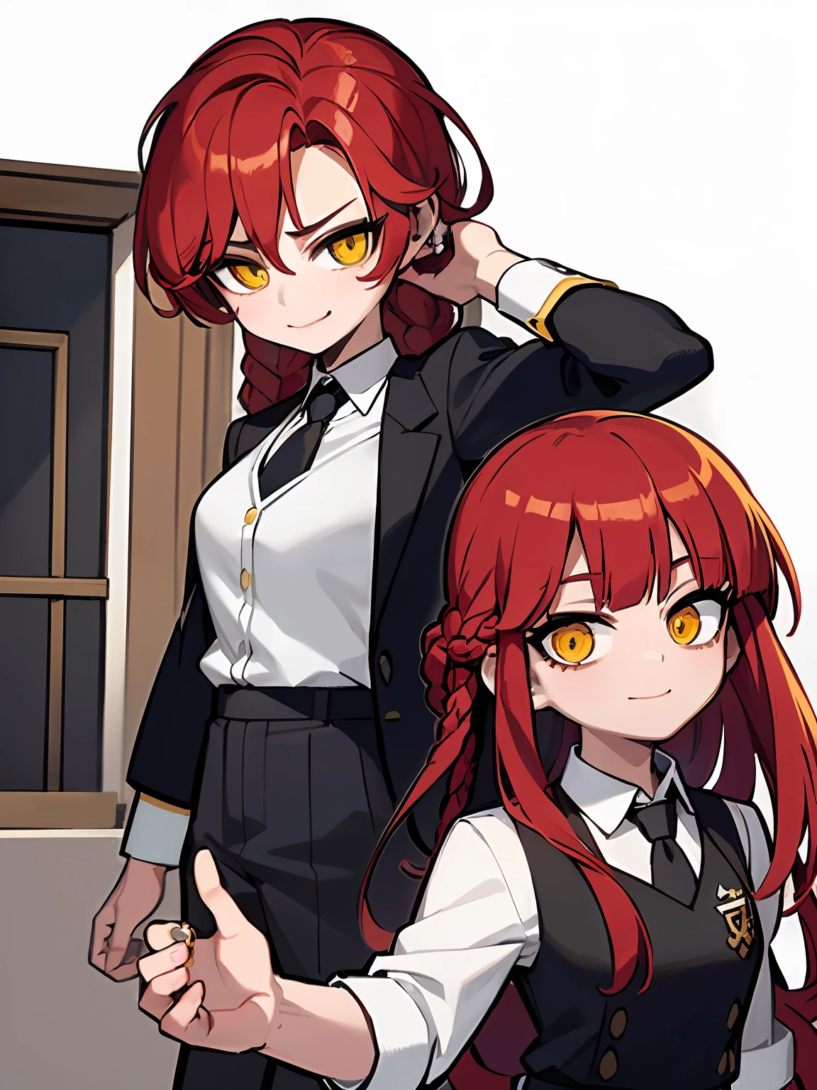((​masterpiece、top-quality))、(独奏)、(female focus)、(red hairs、Braided hair、Braiding、Ring、Black tie）、yellow  eyes、lightsmile、placket、(white  shirt)、(Black slacks)、is standing、White background、back arms、dynamic ungle、The upper part of the body、Mature Woman