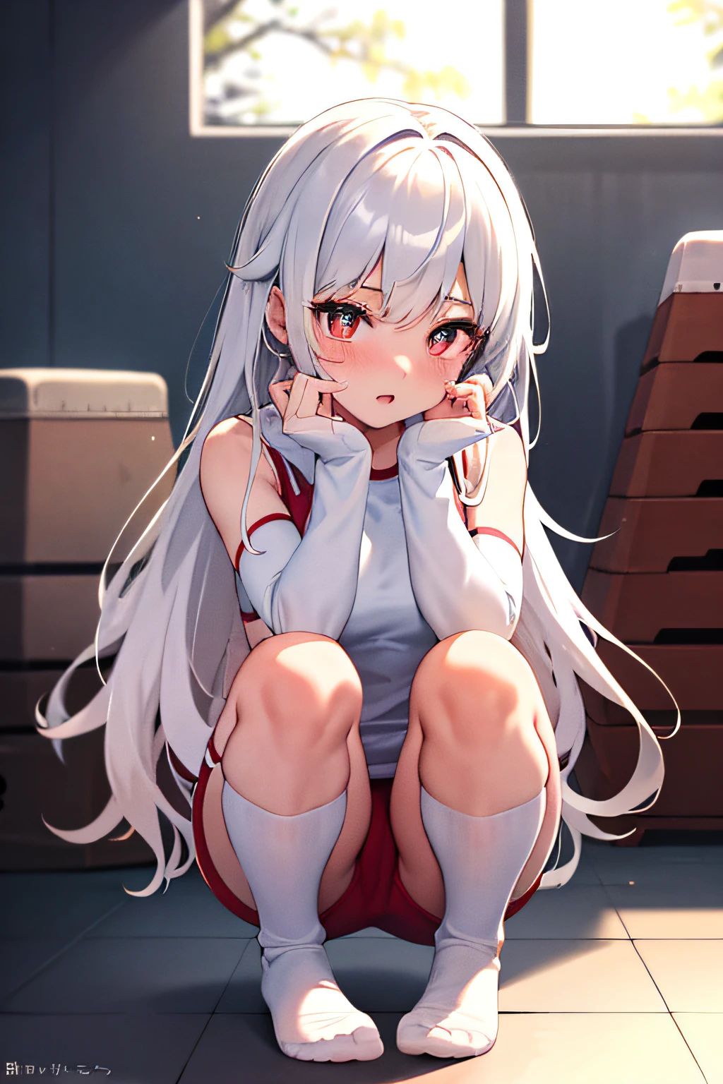 gym storeroom,1girll,tmasterpiece,The best quality,Very delicate long white hair,red pupils,squatting on the ground,Wearing a white gymnastics suit and red super shorts