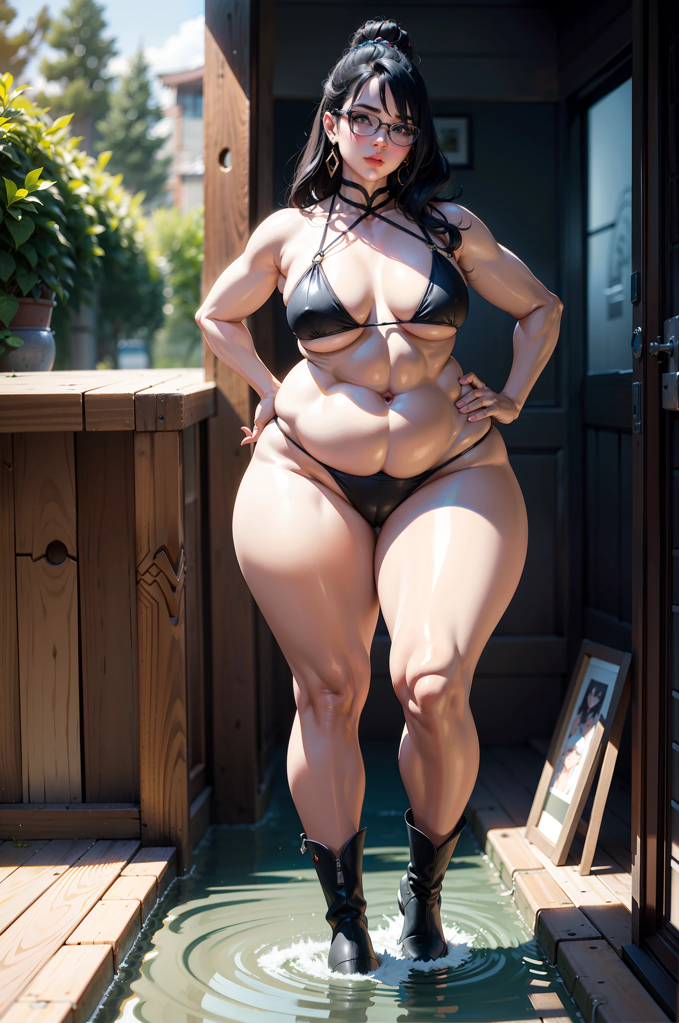 Breasts are larger than the torso，，Crazy swollen breasts，otherworld background，Wearing bikini armor，Koreainsta Goddess，Realistic fantasy rendering，photorealistic anime girl rendering，Faraway view，（full-body portraits：1.4），（：1.4），（Exaggerated body proportions），（Nine-headed body），long wavy dark hair，Wearing delicate earrings，omao，pubes，chest exposed from armor，a plump buttocks，slender leg，Thick thighs，（wearing red cheongsam）， （wearing short leather boots）， camel-toe， Lift，uni，waterfallr，water bloom， rendering by octane， （Unbeatable masterpiece， ultra realistic 8k cg， dramatics， Ray traching， hdr：1.2）， （best qualtiy）， fanciful， atmospurate， extremely detaile， iintricate， Hyper-detailing， glaring lights， （mirror lighting： 1.4）， （photorealiscic face： 1.2）， （dent in the skin： 1.3）， （1 rapariga： 1.4）