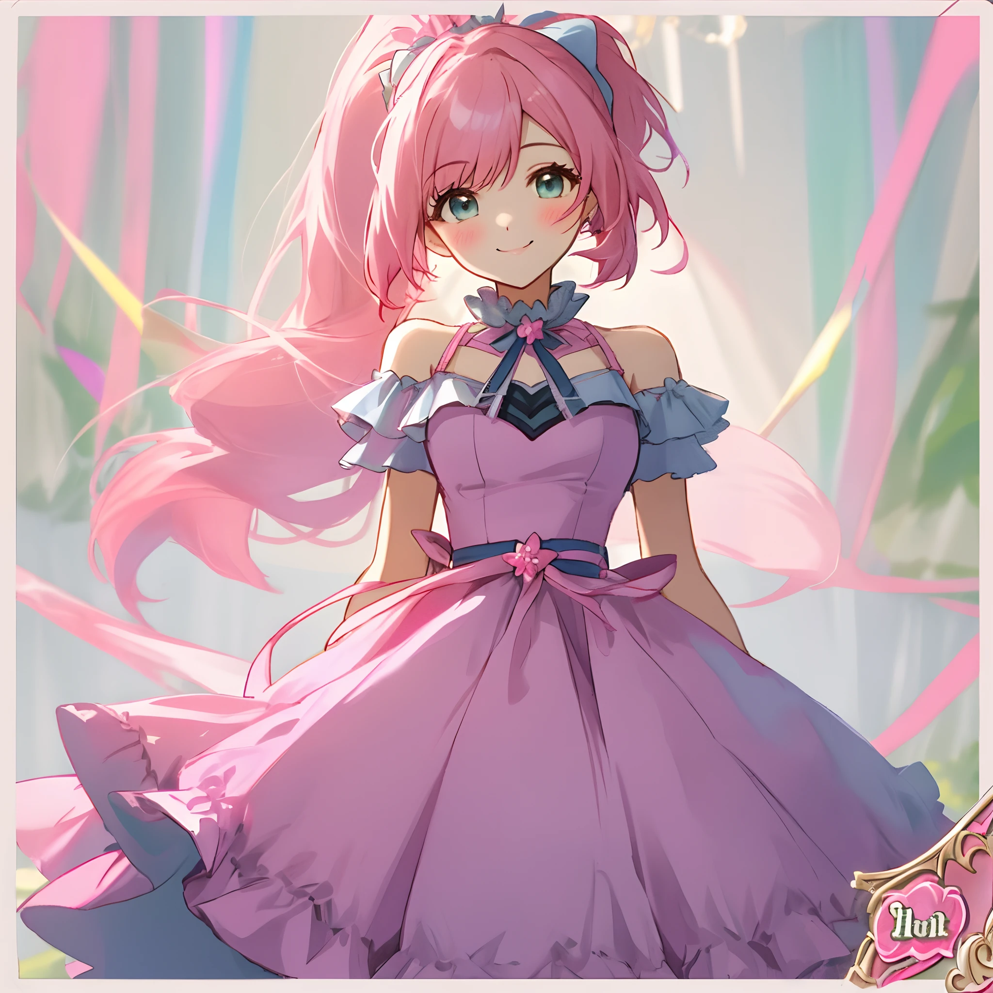 pastel pink dress,Beautiful girl with double ponytail,cropped shoulders,Gentility,There are pink hair cards,Being in the room,smiling at me