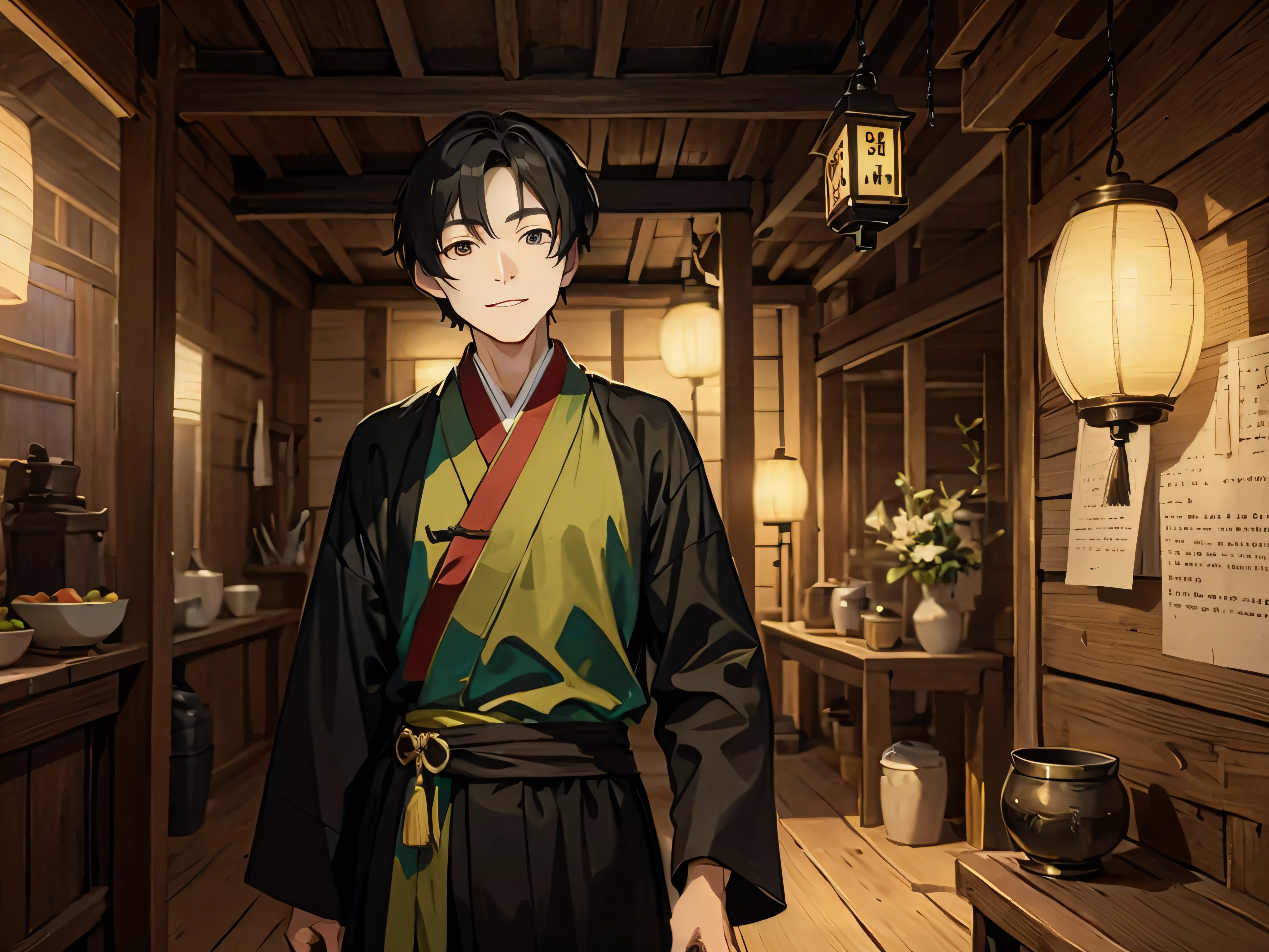 a man in black and green Hanfu, black hair, short hair, black eyes, standing, smiling, inside an ancient Chinese wooden house, low light, dark atmosphere, masterpice, ultra high res