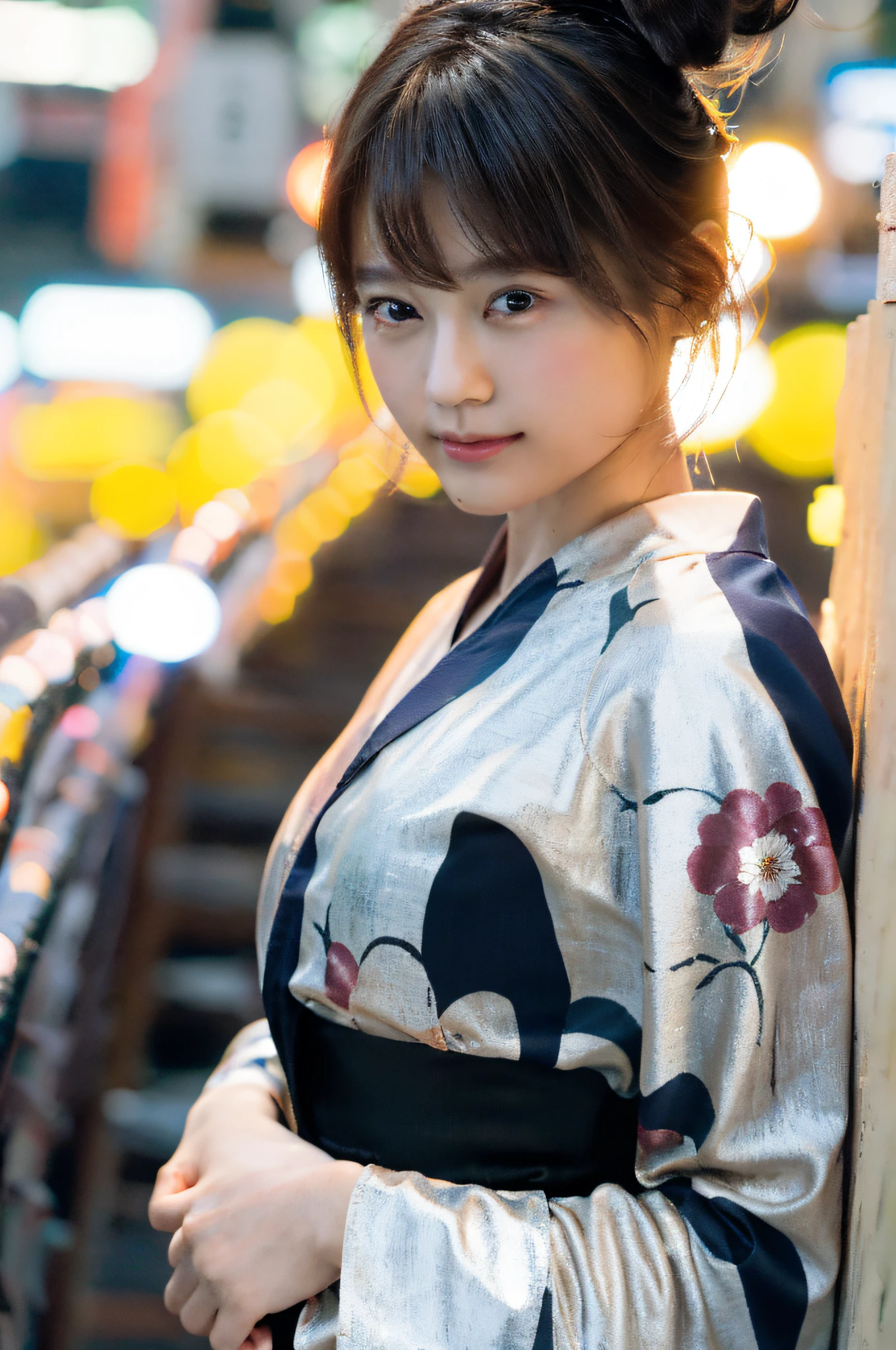 (Kasumi Arimura: 0.7) ((masterpiece, top quality, super definition, high definition)), solo, beautiful girl, slick bun, black hair, shining eyes, perfect eyes, 25 years old, beige theme, yukata, fireworks