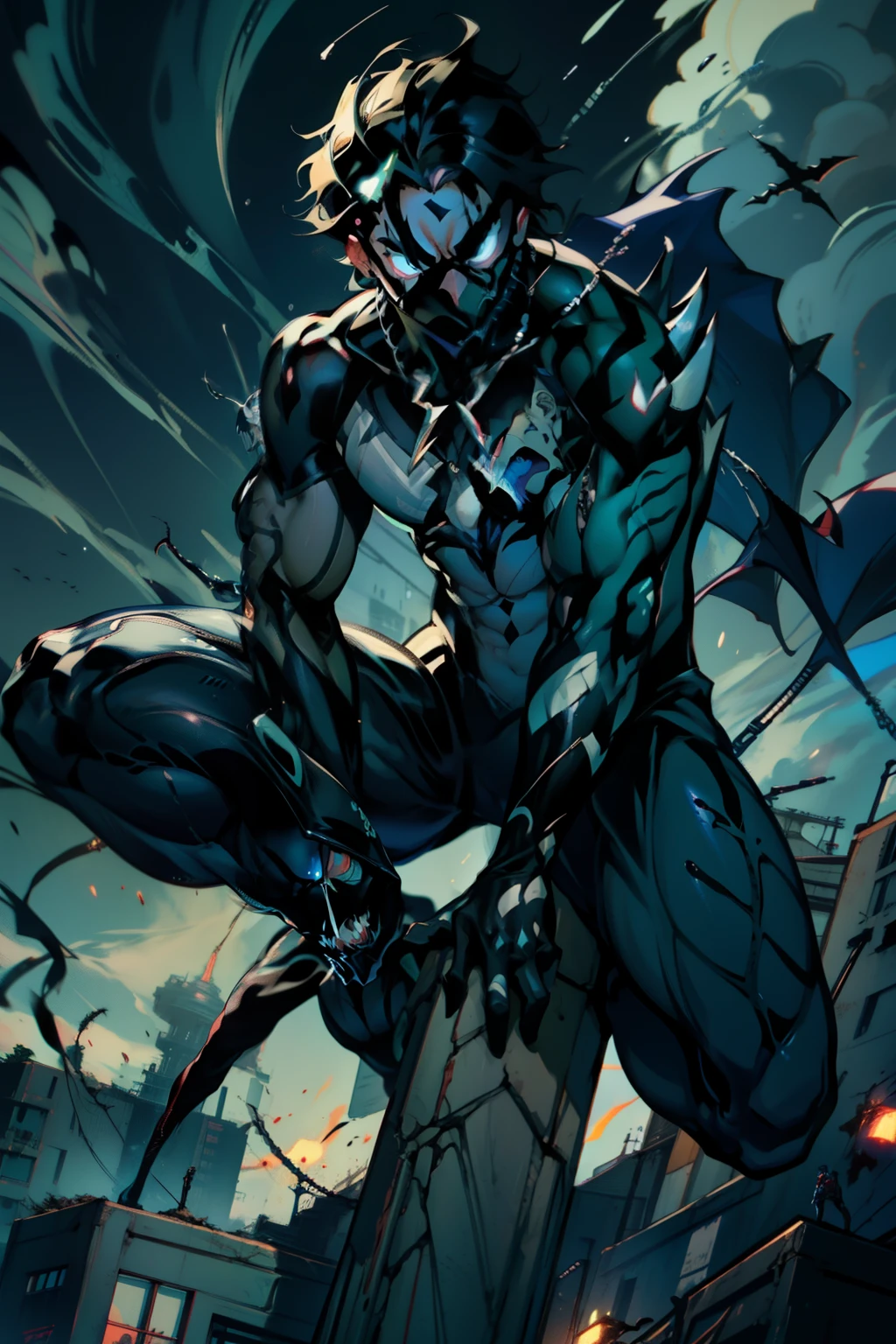 《the original god》Arataki Kazuto , male people, chest muscle, Sexy , Venom symbiote for your body, Black mucus of the body , into venom, venomize,Black bodysuit,(Cloak),Red cape,Abs,(Adult male)((Venom possession,venom symbiote)),over-Tortoise Man,Battle damage,((Masterpiece)), ((Best quality)), Ultra detailed,((illustration)), Dynamic Angle, Detailed light, (Delicate eyes), Floating, 1boy, Male focus, Head, Clothing, Yellow eyes, necklace, tattoo, (Forehead:0.8), (ahoge:0.8), jewelry, brunette color hair,apathy,Ray, chest muscle, Sexy , Venom symbiote for your body, Black mucus of the body , (into venom), Venom,frontage,Bust photo,White tight-fitting top,spiderman outfit,style of anime4 K, 4K anime wallpaper, Badass anime 8 K, 4 k comic wallpaper, young anime man, Anime boys, Anime wallpapers 4 k, Anime wallpaper 4K, High quality anime art style, Anime moe art style, Anime art wallpaper 8 K, Anime art wallpaper 4 K, RGB lighting,