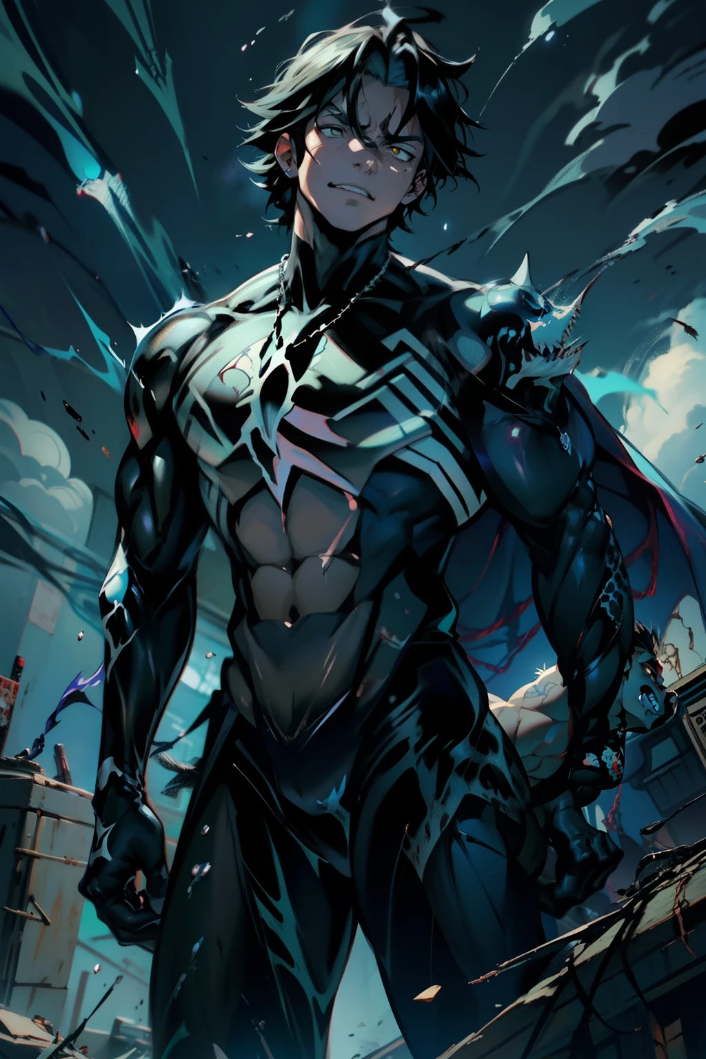 《the original god》Arataki Kazuto , male people， chest muscle， Sexy , Venom symbiote for your body, Black mucus of the body , into venom, venomize，Black bodysuit，（Cloak），Red cape，Abs，（Adult male）（（Venom possession，venom symbiote）），over-Tortoise Man，Battle damage，((Masterpiece)), ((Best quality)), Ultra detailed,((illustration)), Dynamic Angle, Detailed light, (Delicate eyes), Floating, 1boy, Male focus, Head, Clothing, Yellow eyes, necklace, tattoo, (Forehead:0.8), (ahoge:0.8), jewelry, brunette color hair,apathy，Ray， chest muscle， Sexy , Venom symbiote for your body, Black mucus of the body , （into venom）, Venom，frontage，Bust photo，White tight-fitting top，spiderman outfit，style of anime4 K， 4K anime wallpaper， Badass anime 8 K， 4 k comic wallpaper， young anime man， Anime boys， Anime wallpapers 4 k， Anime wallpaper 4K， High quality anime art style， Anime moe art style， Anime art wallpaper 8 K， Anime art wallpaper 4 K， RGB lighting，