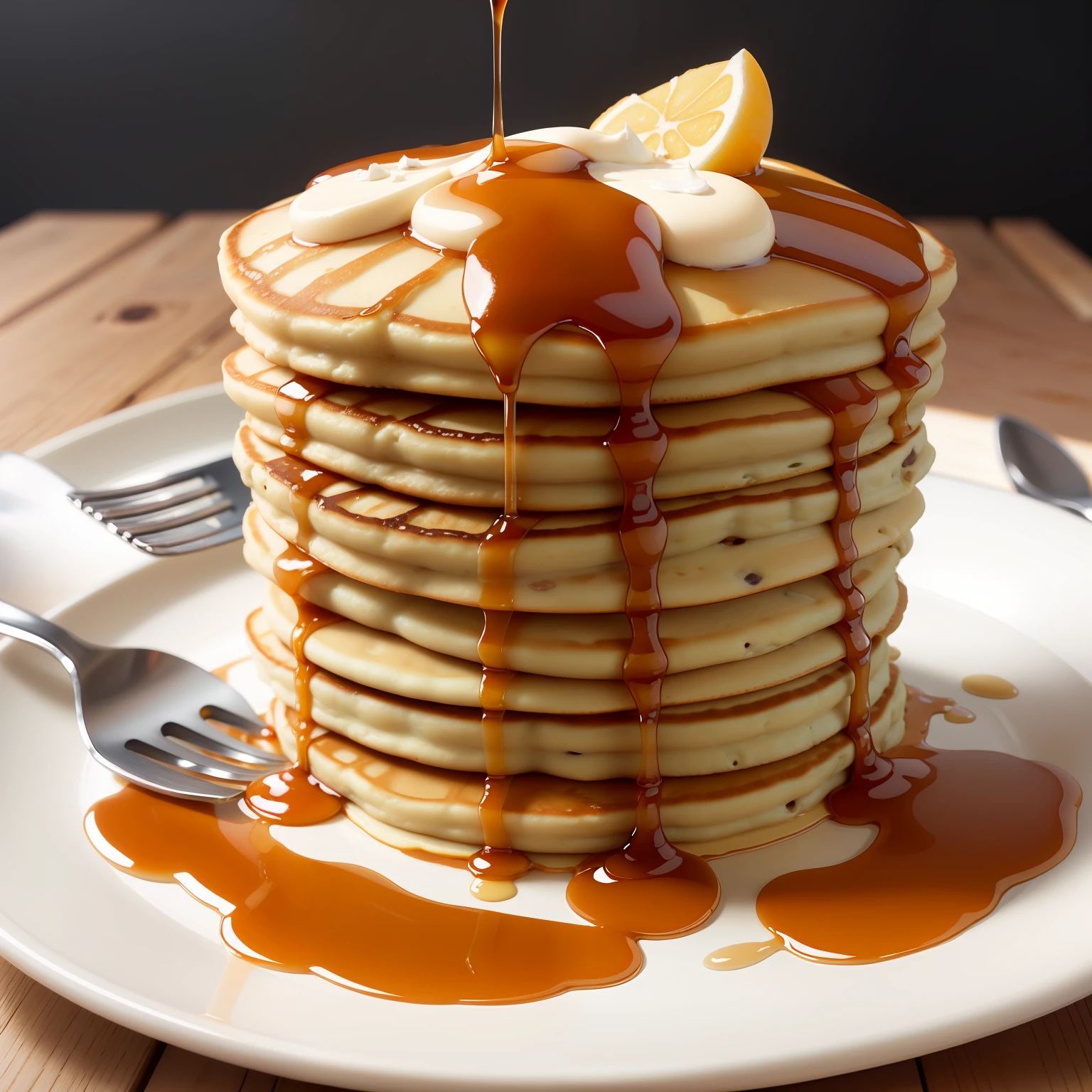 masterpiece, high quality, best quality, pancakes poured with maple syrup, (thin pancakes), foodphoto,