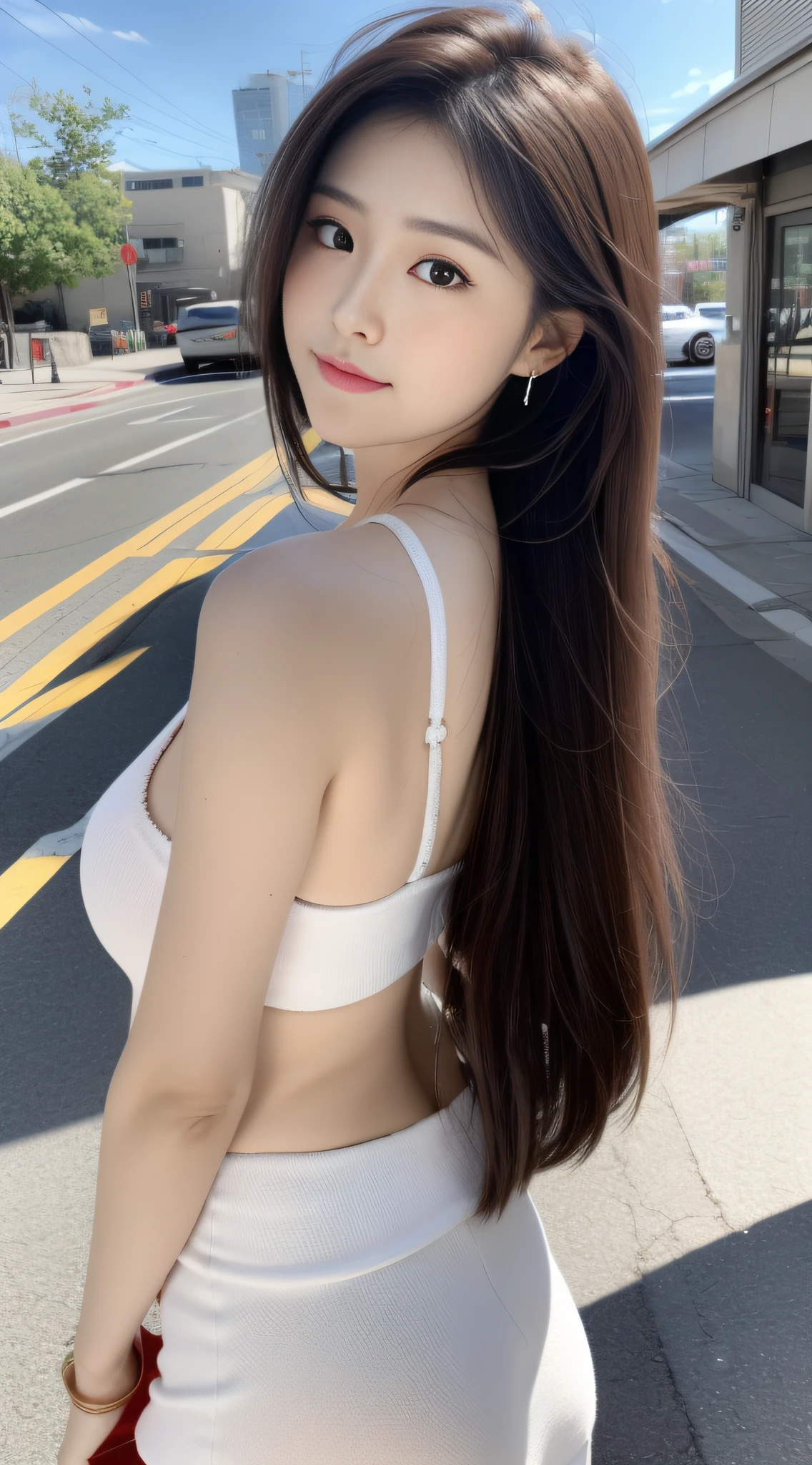 (8K, Raw photo, Best Quality, masutepiece:1.2), (Realistic, Photorealsitic:1.37), Best Quality, 超A high resolution, NFSW Backlit, light leaks, Dynamic lighting, slim, Smooth skin, (pureerosface_v1:1), bond, Navel, Kpop Idol, (Beautiful detailed eyes:1),(beautifull detailed face:1),(Freebuff:1.2), Outdoors, ulzzang-6500, 1girl in, Standing, Upper body, (:1.2), , from the front side, Front view, Looking at Viewer, Huge breasts, arms behind back, Street, Sunlight, White mini skirt and white tank top、beauty legs