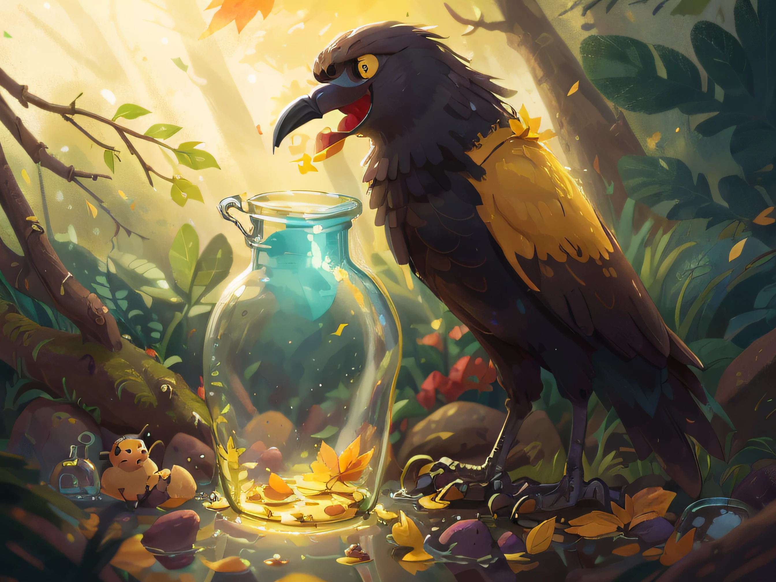 crow dropping pebbles in glass water bottle, forest scene, autumn yellow leaves, perfect quality, crisp (messy - house: 0.8), (masterpiece: 1.2) (Actual: 1.2 ) (Bokeh) (Best quality) (Detailed skin: 1.3) (Intricate detail) (8K) (Eye Detail) (Sharp focus stroke), (Happiness)