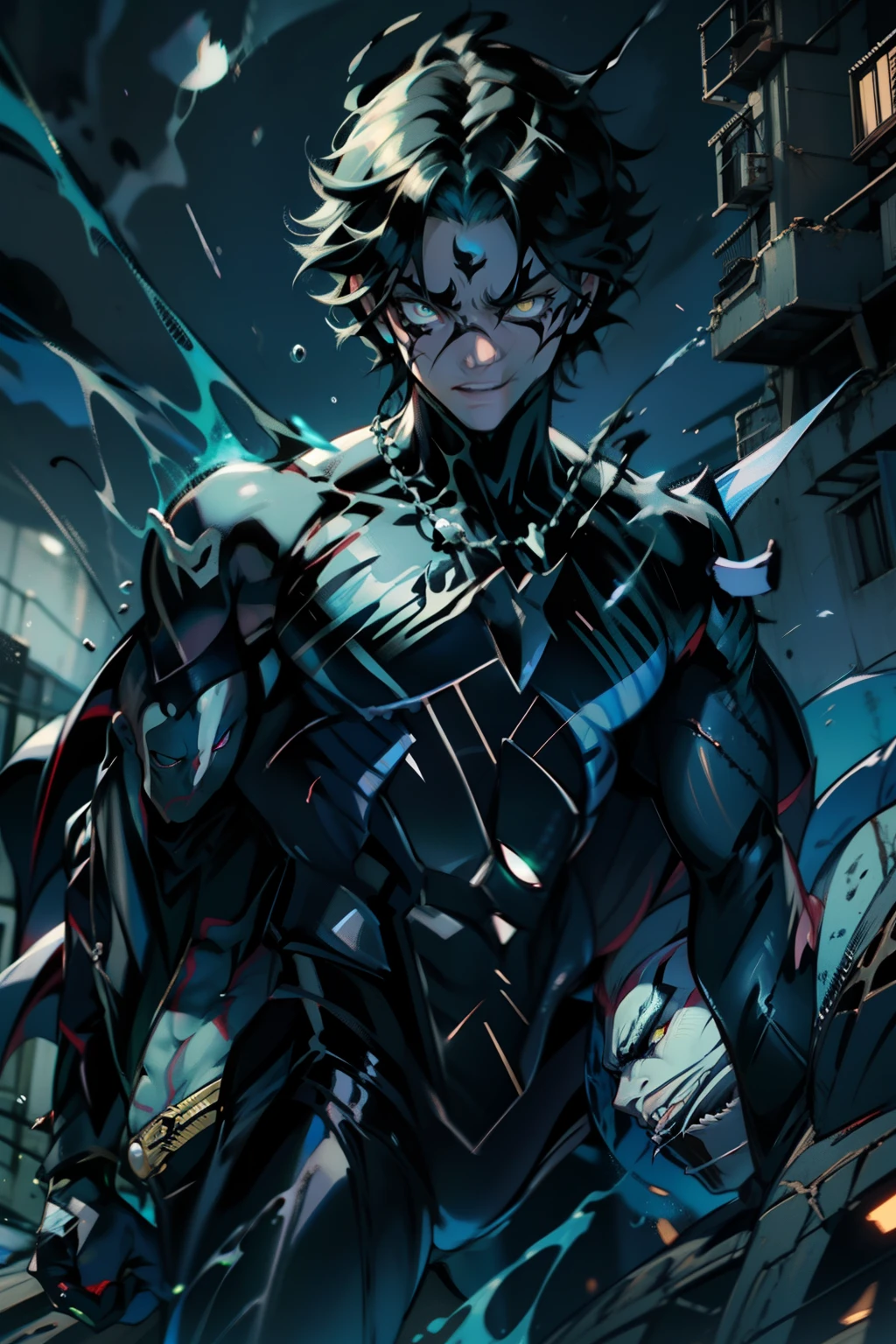 《the original god》Arataki Kazuto , male people， chest muscle， Sexy , Venom symbiote for your body, Black mucus of the body , into venom, venomize，Black bodysuit，（Cloak），Red cape，Abs，（Adult male）（（Venom possession，venom symbiote）），over-Tortoise Man，Battle damage，((Masterpiece)), ((Best quality)), Ultra detailed,((illustration)), Dynamic Angle, Detailed light, (Delicate eyes), Floating, 1boy, Male focus, Head, Clothing, Yellow eyes, necklace, tattoo, (Forehead:0.8), (ahoge:0.8), jewelry, brunette color hair,apathy，Ray， chest muscle， Sexy , Venom symbiote for your body, Black mucus of the body , （into venom）, Venom，frontage，Bust photo，White tight-fitting top，spiderman outfit，style of anime4 K， 4K anime wallpaper， Badass anime 8 K， 4 k comic wallpaper， young anime man， Anime boys， Anime wallpapers 4 k， Anime wallpaper 4K， High quality anime art style， Anime moe art style， Anime art wallpaper 8 K， Anime art wallpaper 4 K， RGB lighting，